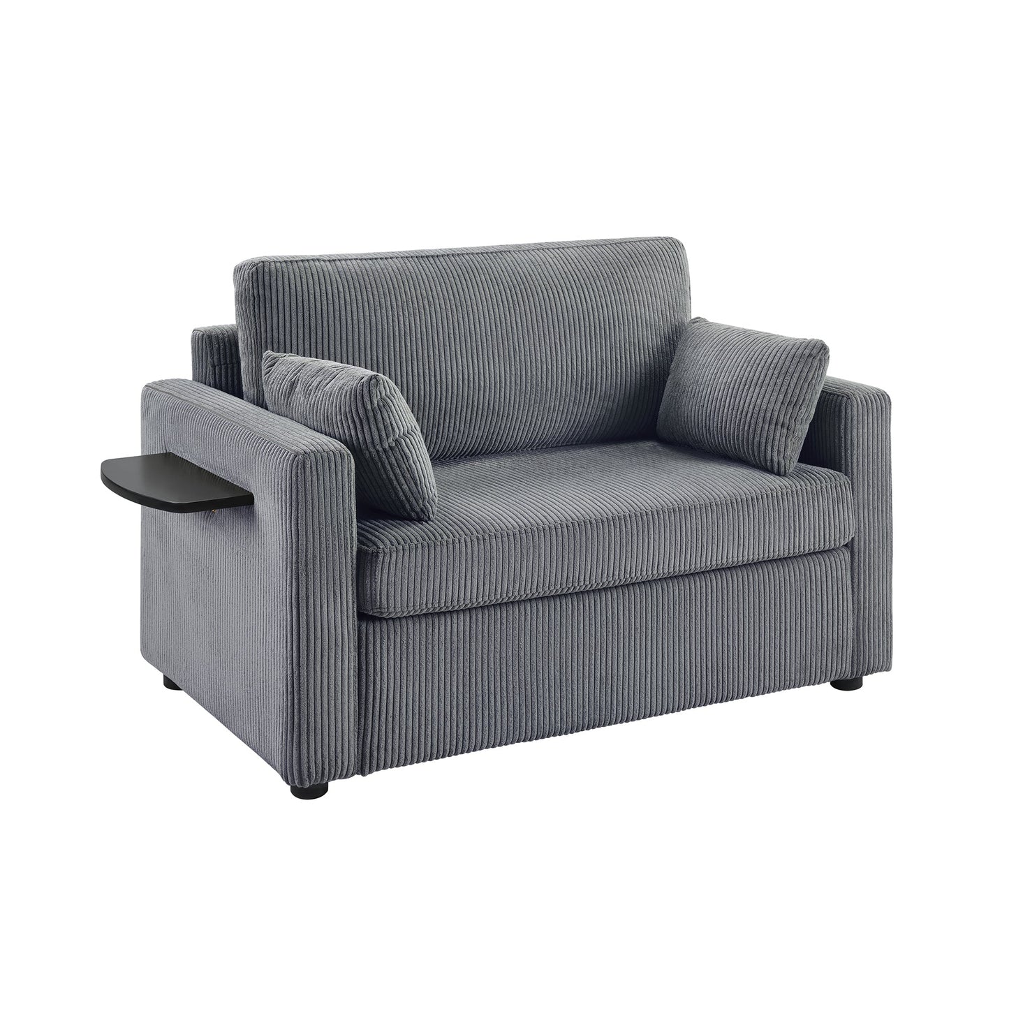 NEW Twin Size 47.2' Gray Corduroy Sleeper Loveseat Sofa Bed with Foldable Mattress USB Ports Side Table & Storage Pocket