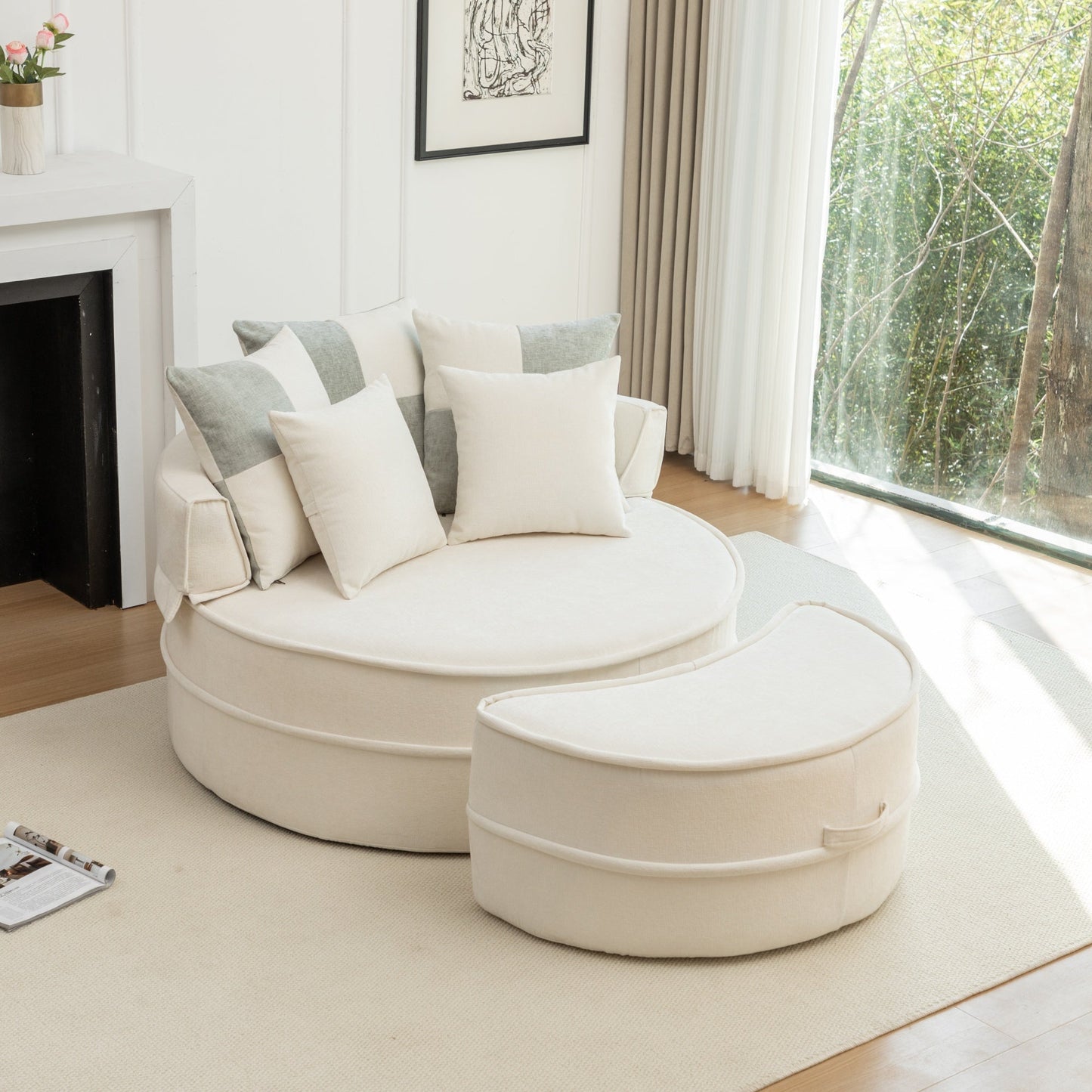 NEW Modern Oversized Beige Round Barrel Velvet Upholstered Lounge Armchair Accent Chair with Ottoman and 5 Pillows