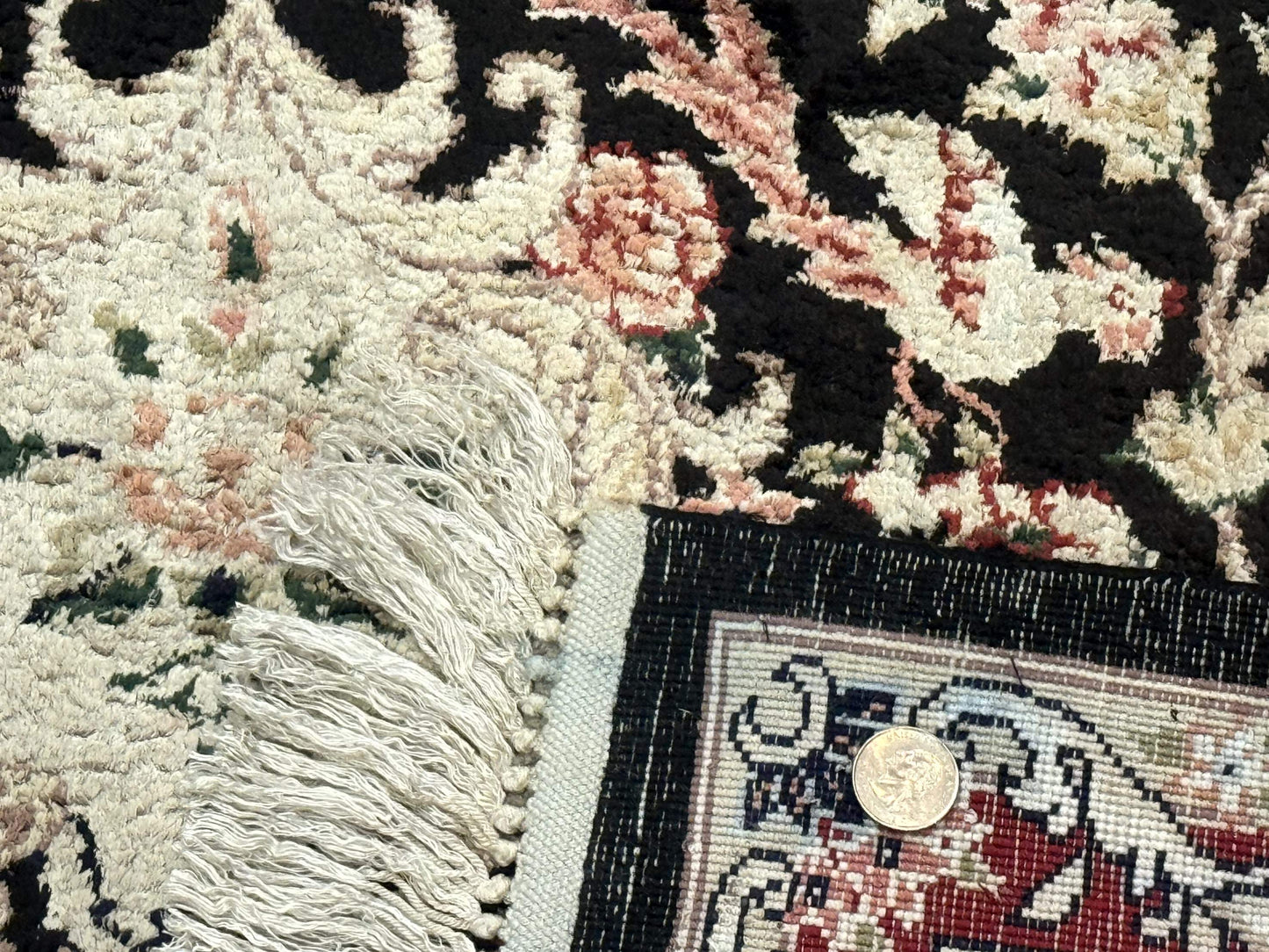 USED Indian Kashmiri Silk Rug, Floral Medallion, Vintage Hand Knotted Carpet