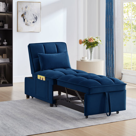 NEW 4 in1 Multi-Function Single Sofa Bed with Storage Pockets,Tufted Single Pull-out Sofa Bed with Adjustable Backrest and Pillows ,Convertible  Chaise Lounge, Navy