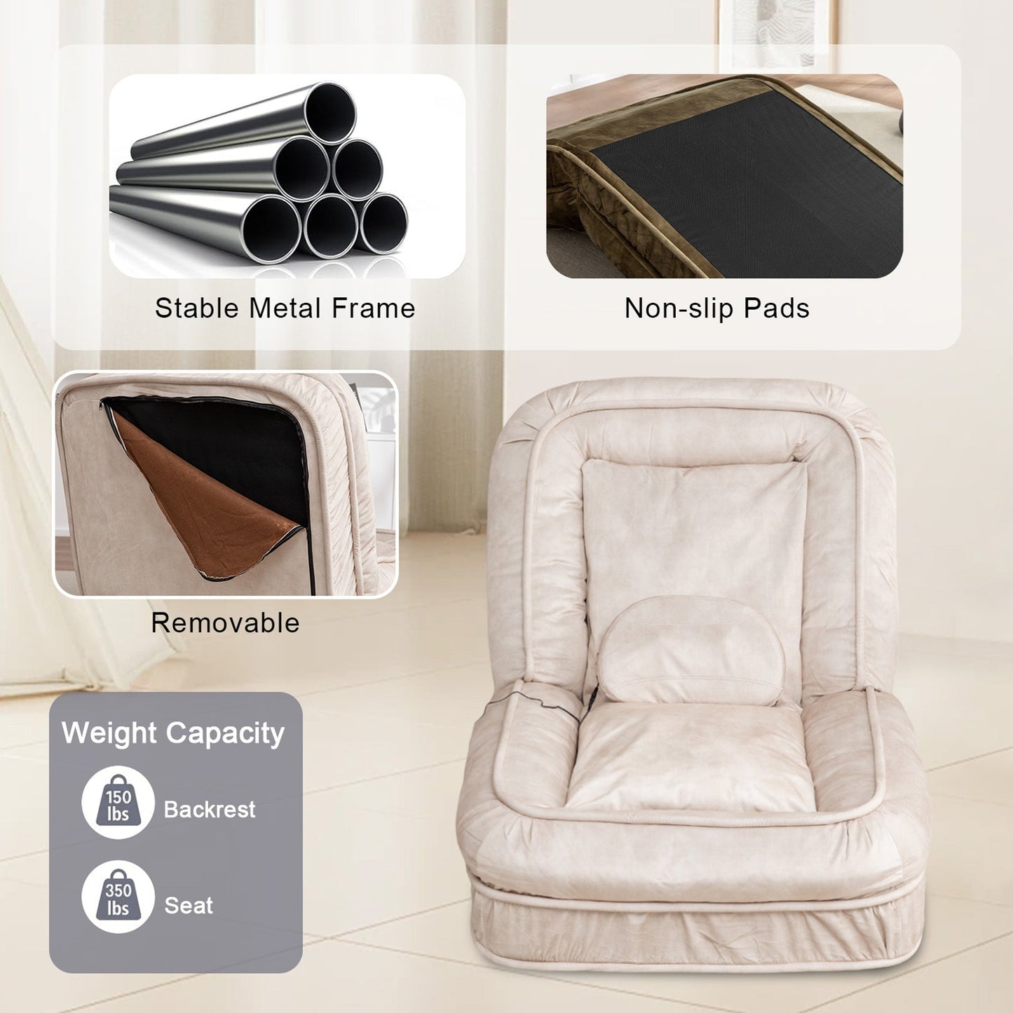 NEW 5 Adjustable Position Beige Velvet with Foam and Iron Upholstered Dog Bed for Adults and Pets - Bean Bag Floor Sofa with Massage Pillow & 2 Soft Pillows