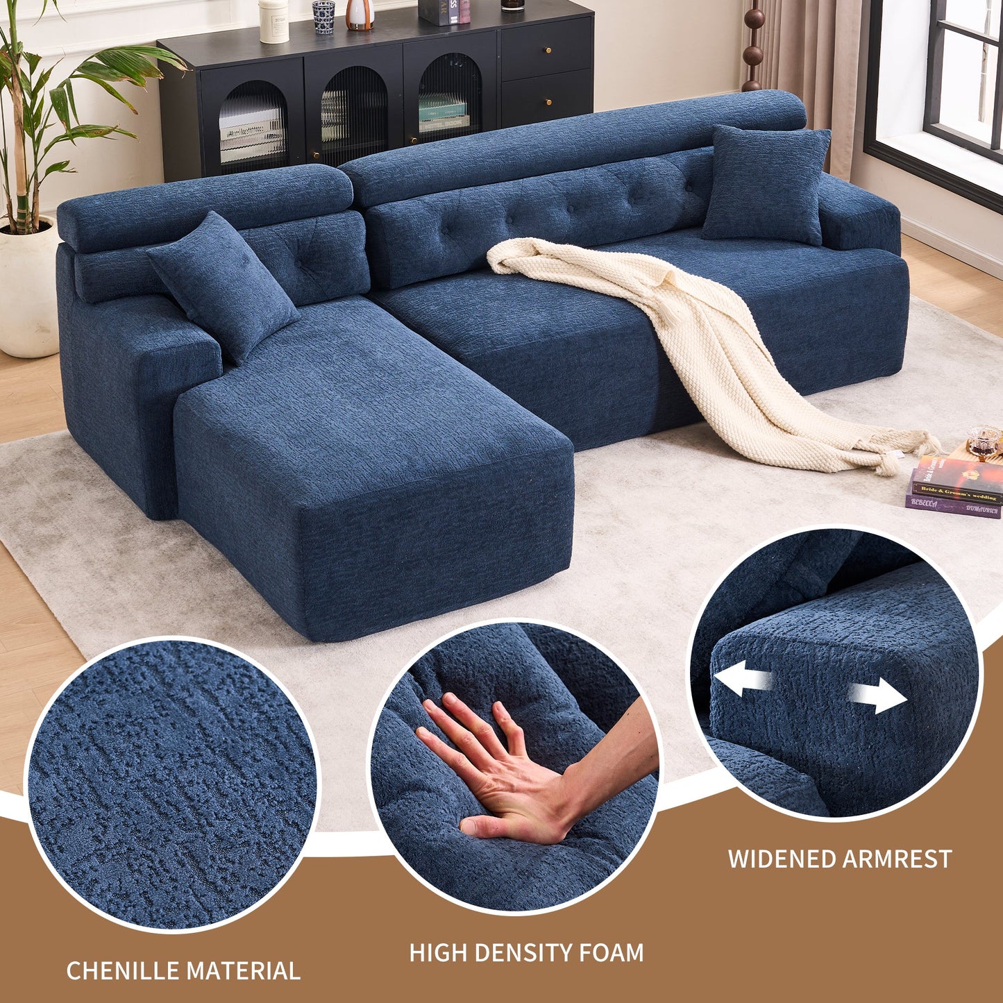 NEW 105'' Blue Cloud Sectional Couch with L-Shape Chaise Modern Modular Deep Seat Boneless Sofa