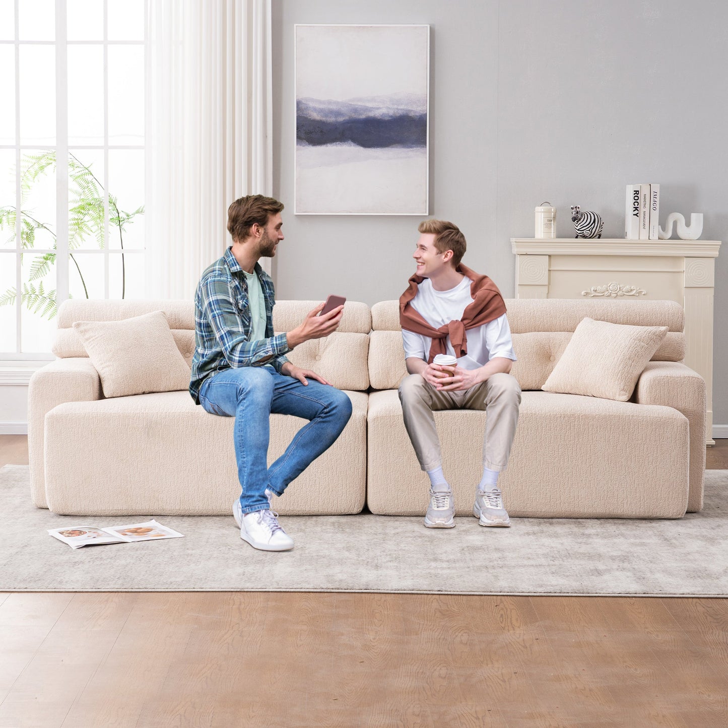 NEW LY-029 Apricot Compression Sofa 4-seater Wood Grain Chenille Fabric Couch with Two Pillows