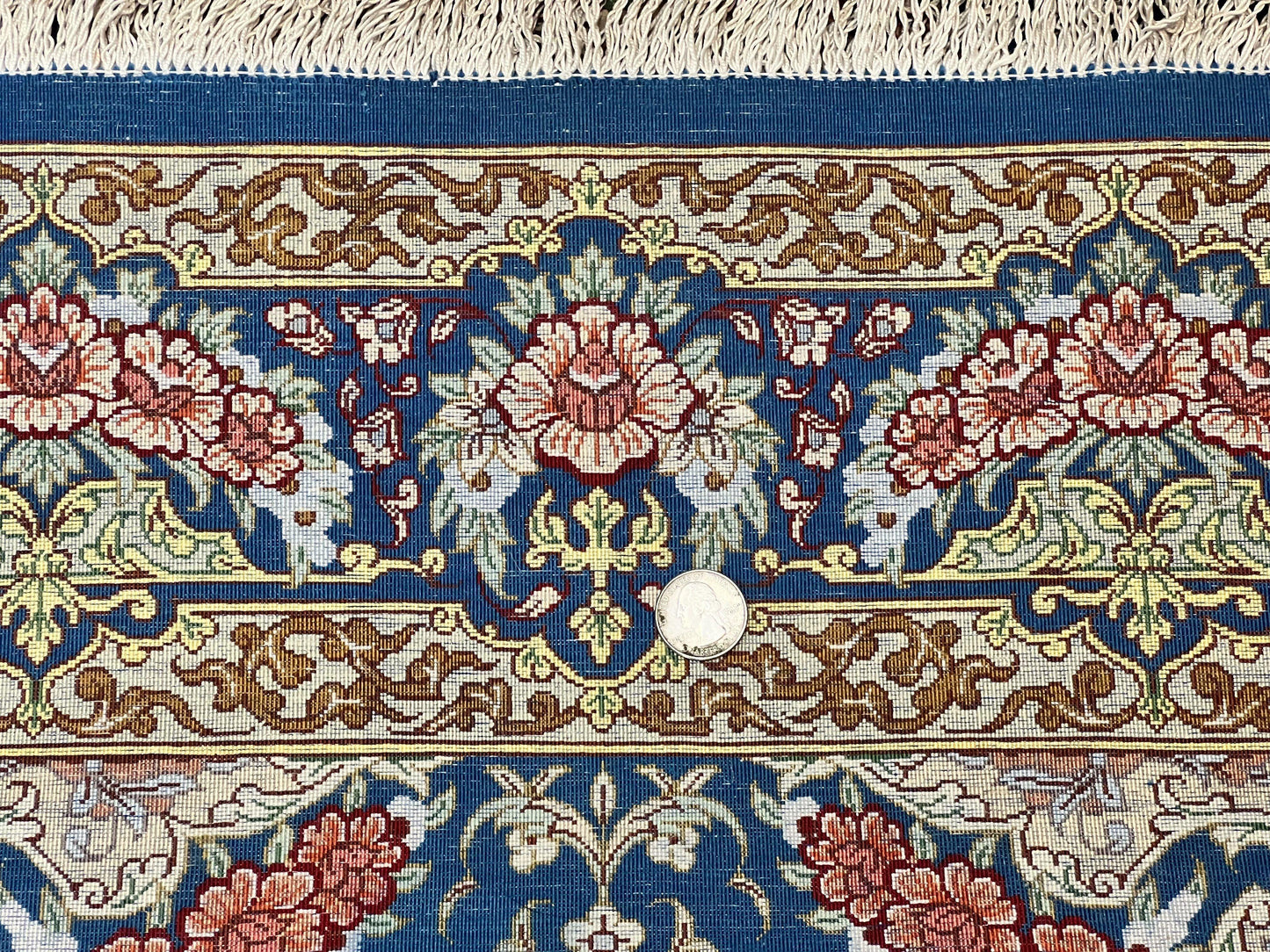 USED Magnificent Persian Qum Silk Rug 3x5, Blue, Super Fine 675 KPSI - 70 Raj, Floral Roses, Handmade Vintage Silk Carpet, Masterpiece