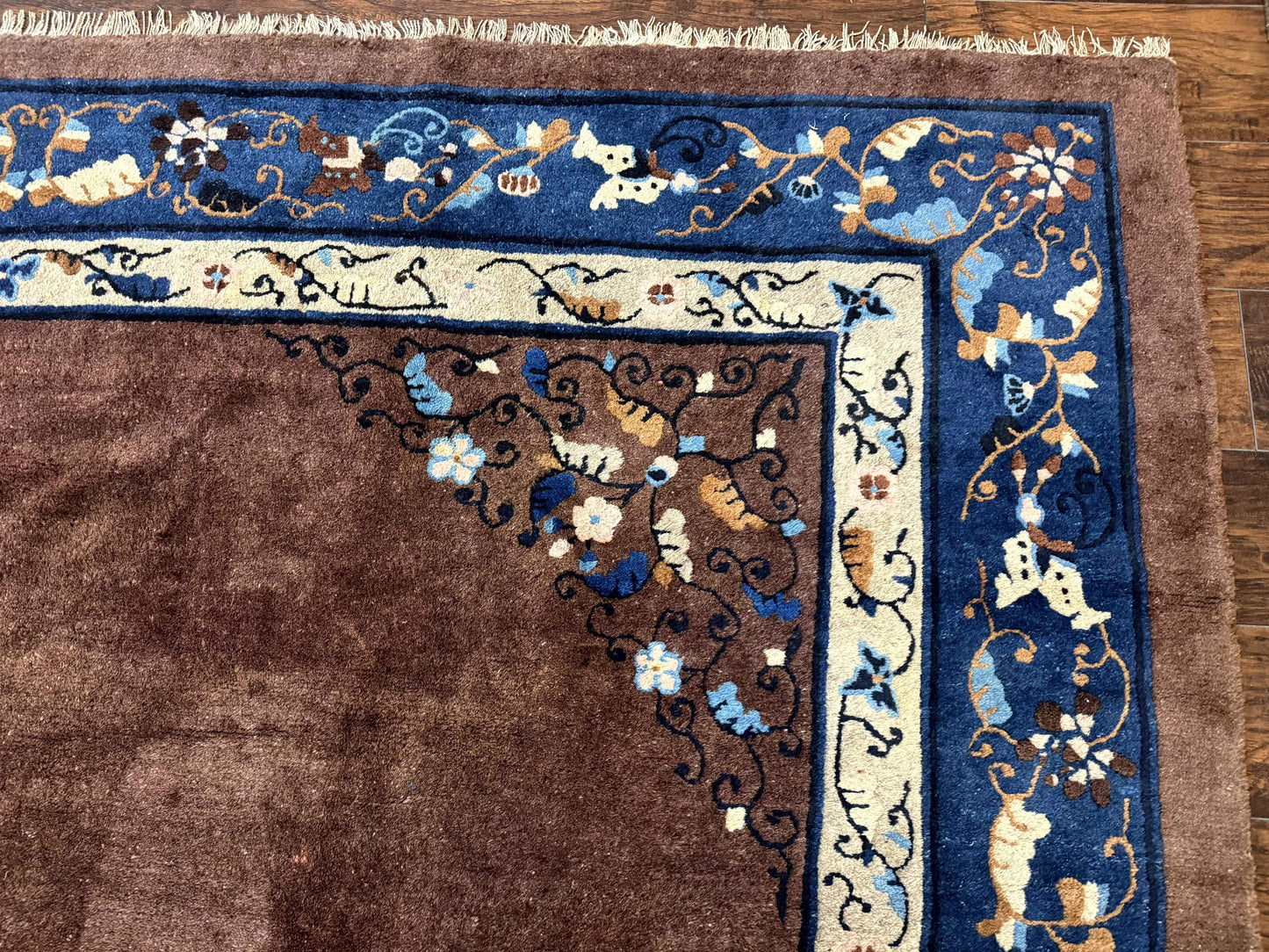 USED Antique Chinese Wool Rug 9x11, Large Chinese Art Deco Rug, Peking Rug, Brown and Blue, Open Field, Fete Rug