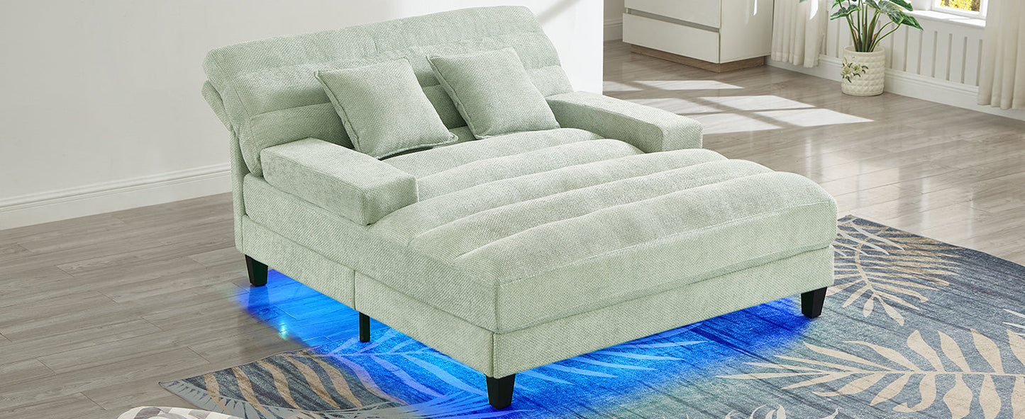 NEW Modern Chaise Lounge Sofa Bed with Adjustable Backrest and LED Light Strip, Green Chenille Upholstered, 57.1 Inches