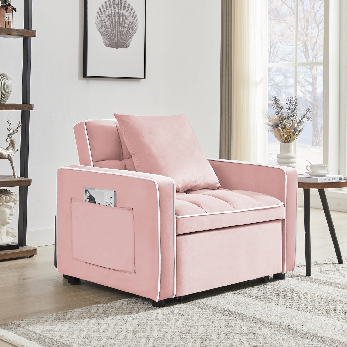 NEW Modern Pink Velvet Three-in-One Sofa Bed Chair with Adjustable Backrest
