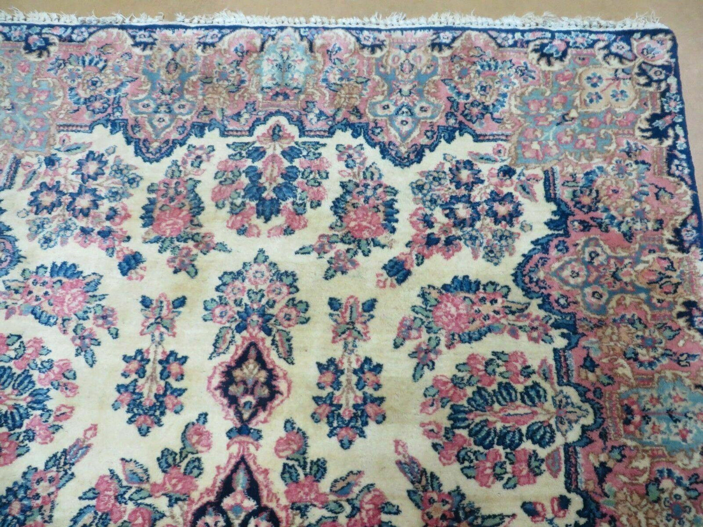 USED Antique Persian Kirman Rug 3.9 x 6.6, Floral Oriental Carpet, Ivory/Cream - Blue - Pink, Hand Knotted Wool Rug, Floral Medallion Rug 4x6
