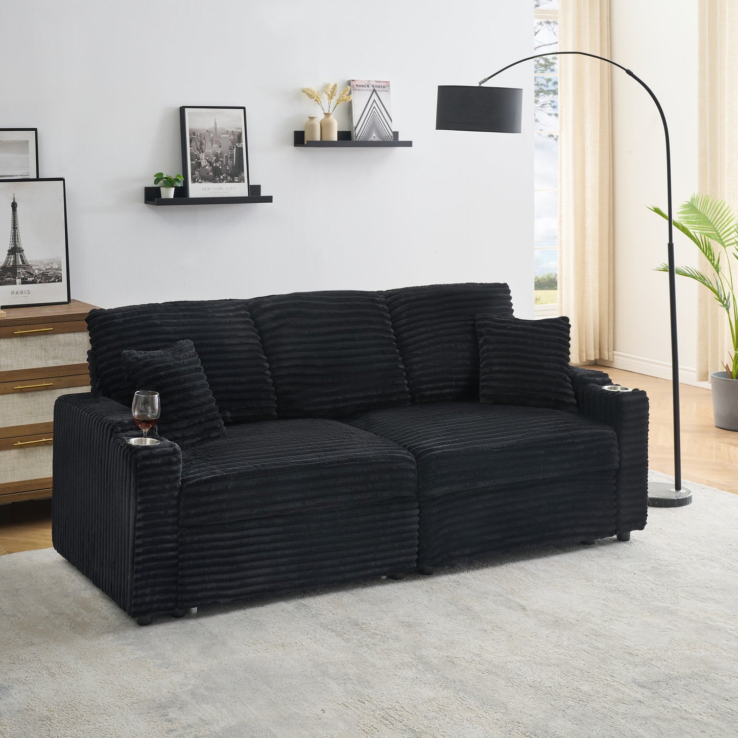 NEW 80-inch 2-in-1 Folding Black Corduroy fabric Sofa equipped with Cup Holder and Pillow