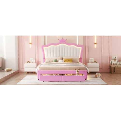NEW Full Size Upholstered Bed Frame With LED Lights, Modern Upholstered Princess Bed With Crown Headboard, 2 Drawers