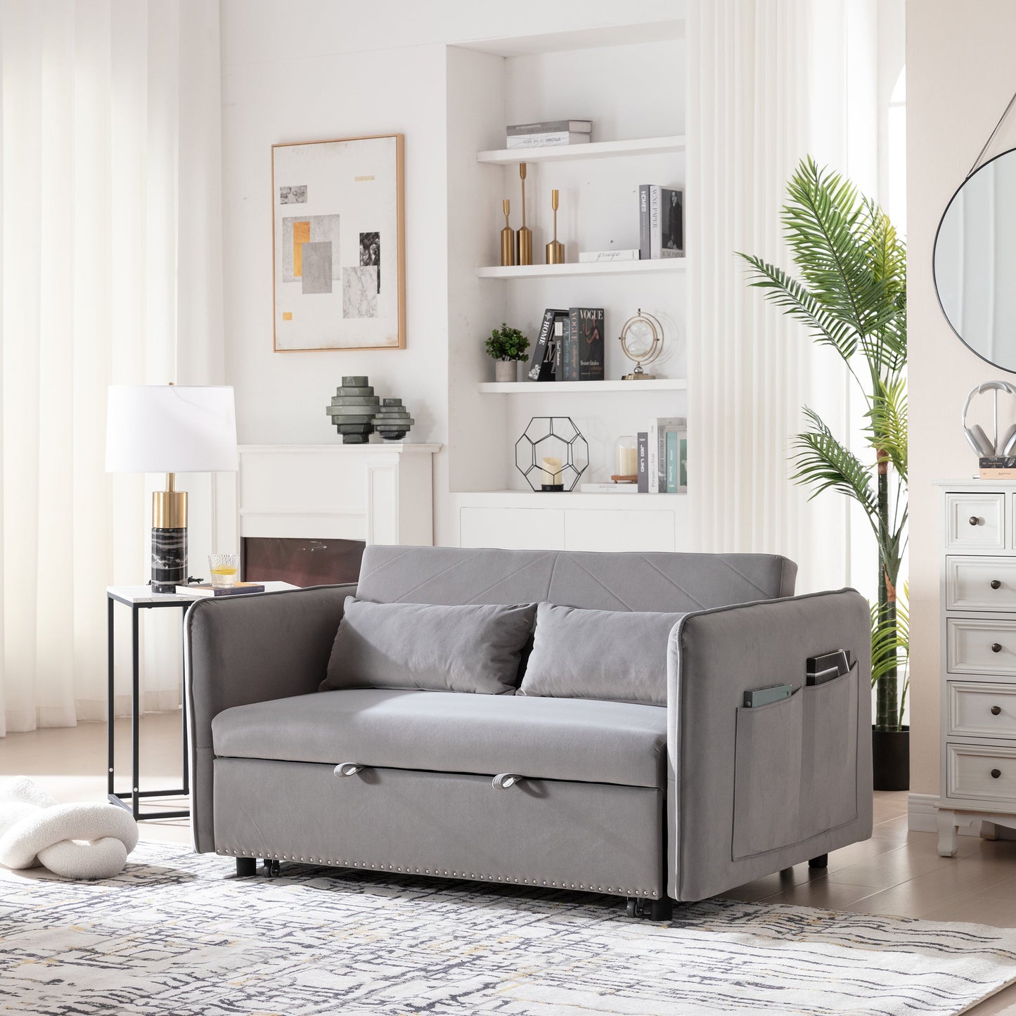 NEW 3 in 1 Pull-Out Convertible Sleeper Futon Sofa Bed 55' Velvet Small Loveseat Lounge Couch with 2 Pillows Reclining Backrest and Side Pockets