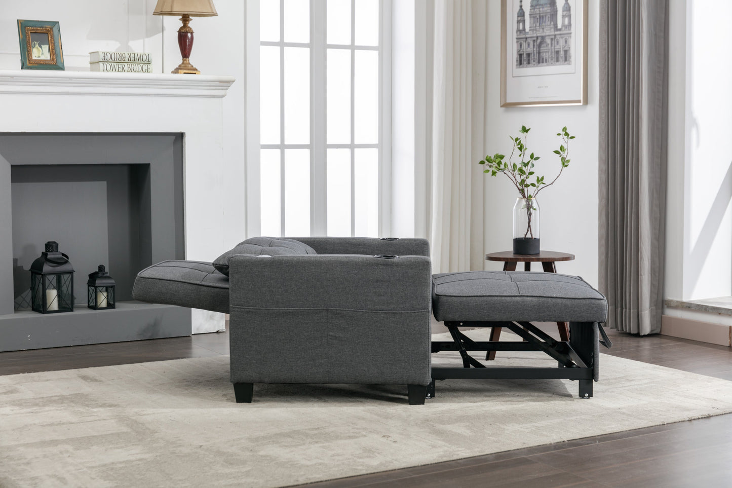 NEW Dark Grey Linen Futon Bed Convertible Chair 3-in-1 Pull Out Sleeper