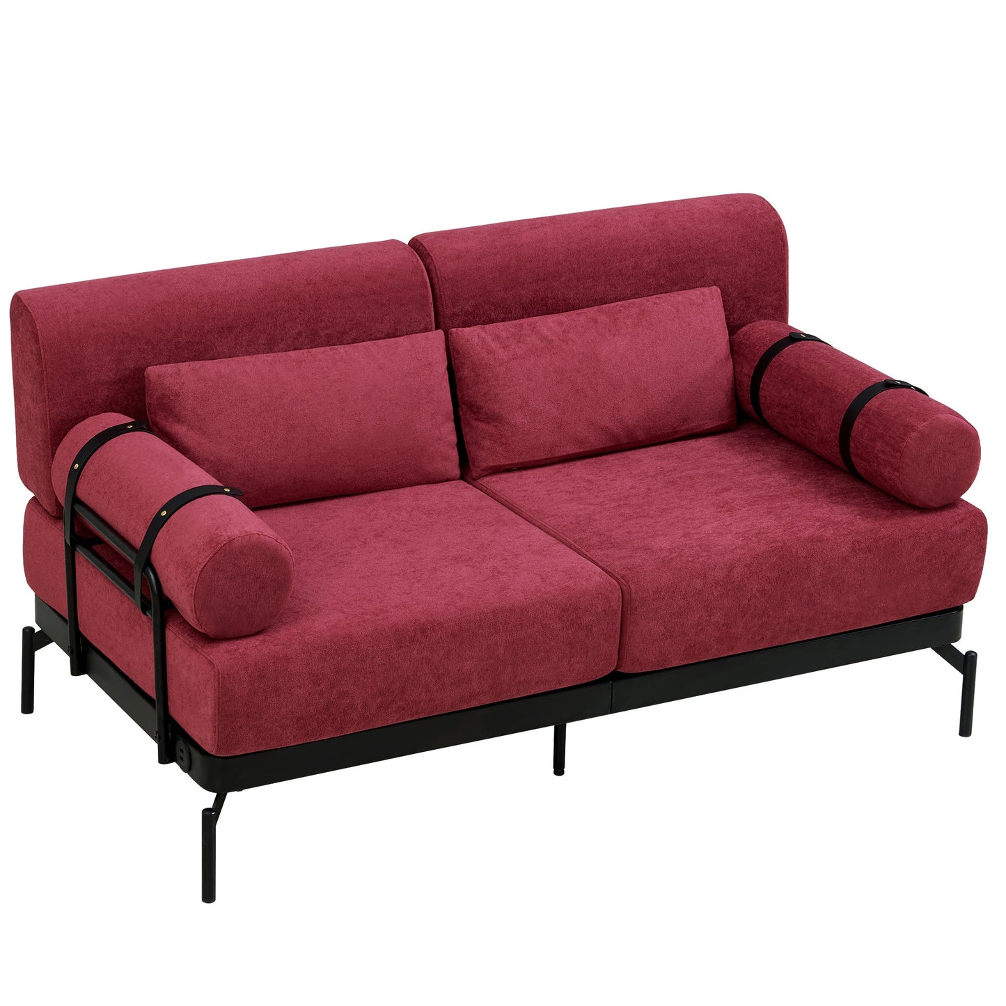 NEW Modern Red Chenille Loveseat 59' Sofa Couch 2-Seater with USB Ports Unique Cylindrical Armrests