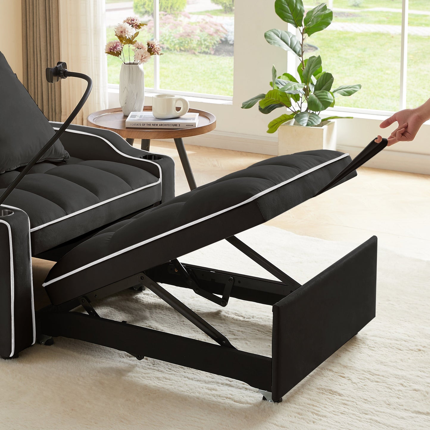 NEW Black Velvet Convertible 3-in-1 Sofa Bed with Multi-Pockets and Adjustable Sleeper