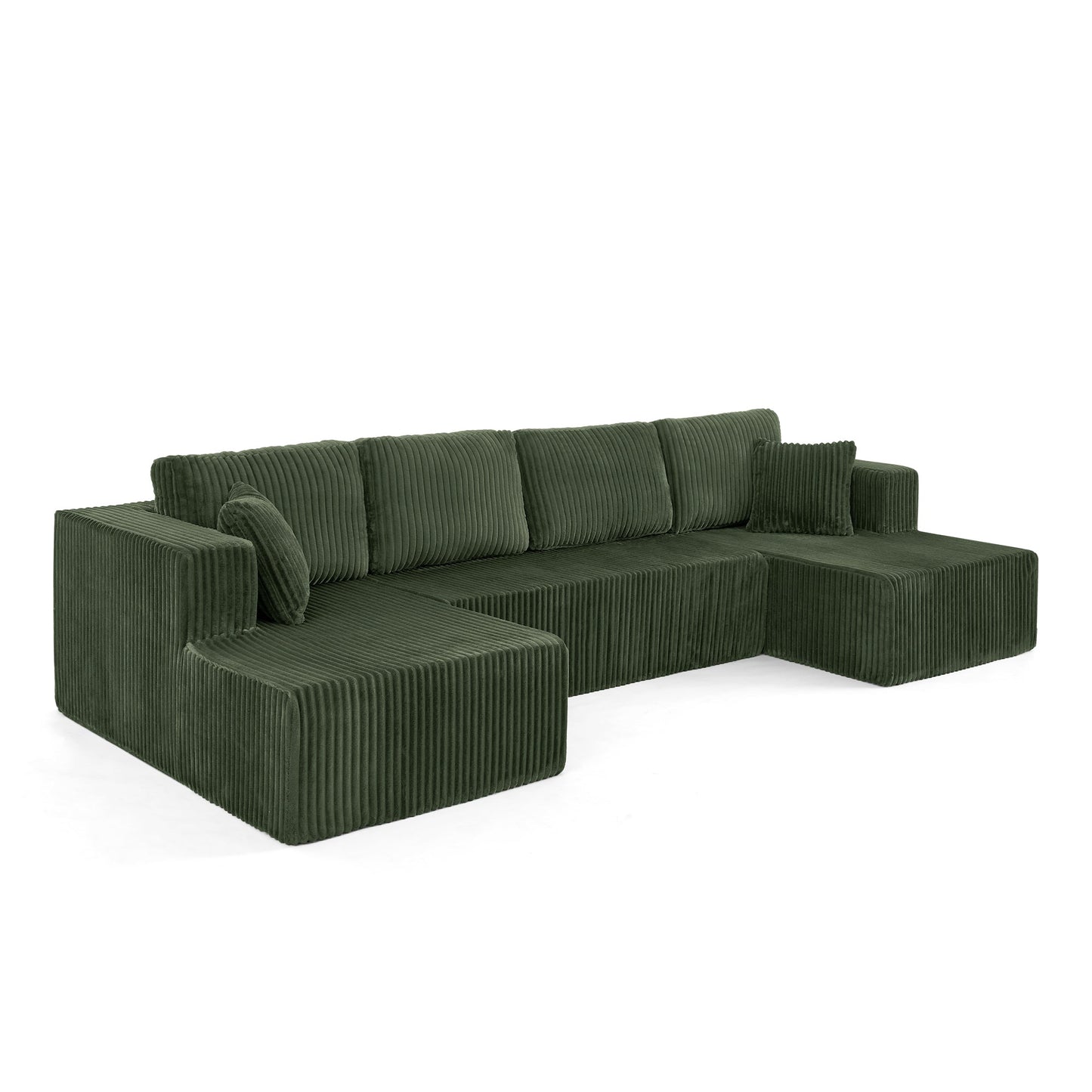 NEW Modern Minimalist U Shape Modular Sectional Sofa Sleeper in Green Corduroy with Foam Filling