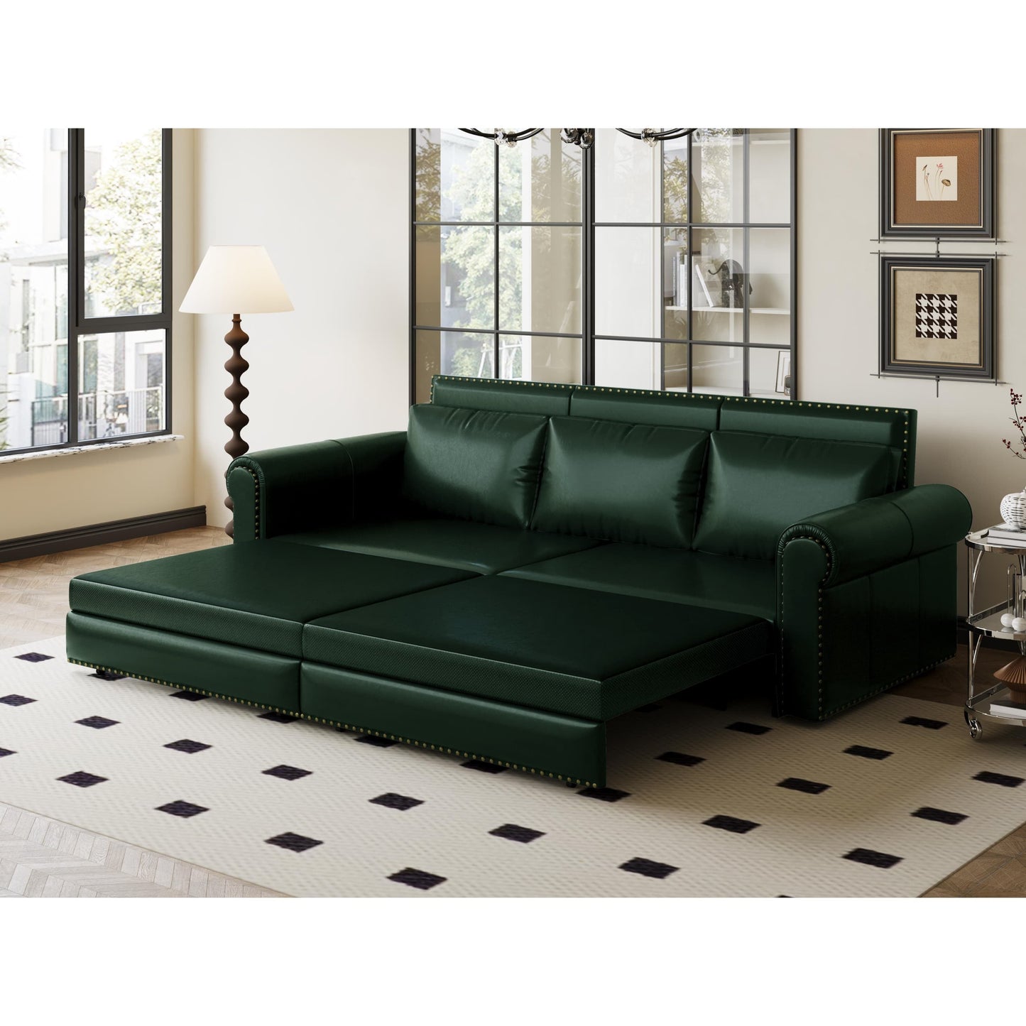 New 3-in-1 Faux Leather Convertible Sleeper Sofa with Nail head Trim