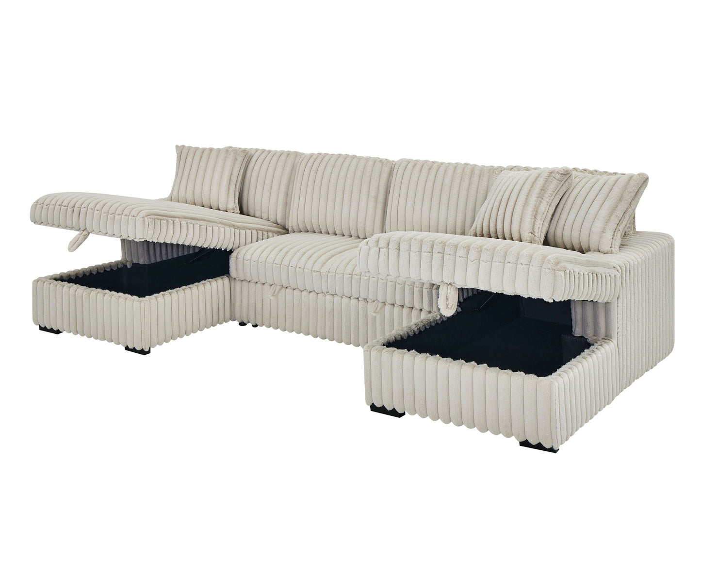 NEW 122 inch Rabbit Khaki Plush Corduroy Fabric Oversized U Shaped Sleeper Sofa 2 in 1 Pull Out Bed Sectional Sleeper Couch with Double Storage Chaise