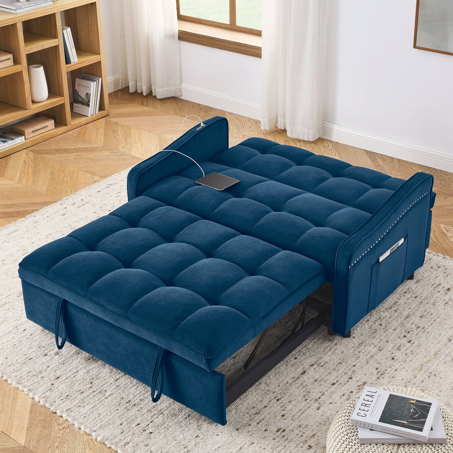 NEW Blue Copper Nail Loveseat Sofa Bed with Pull-out Bed with Adjustable Back Two Arm Pocket TypeC and USB Charging