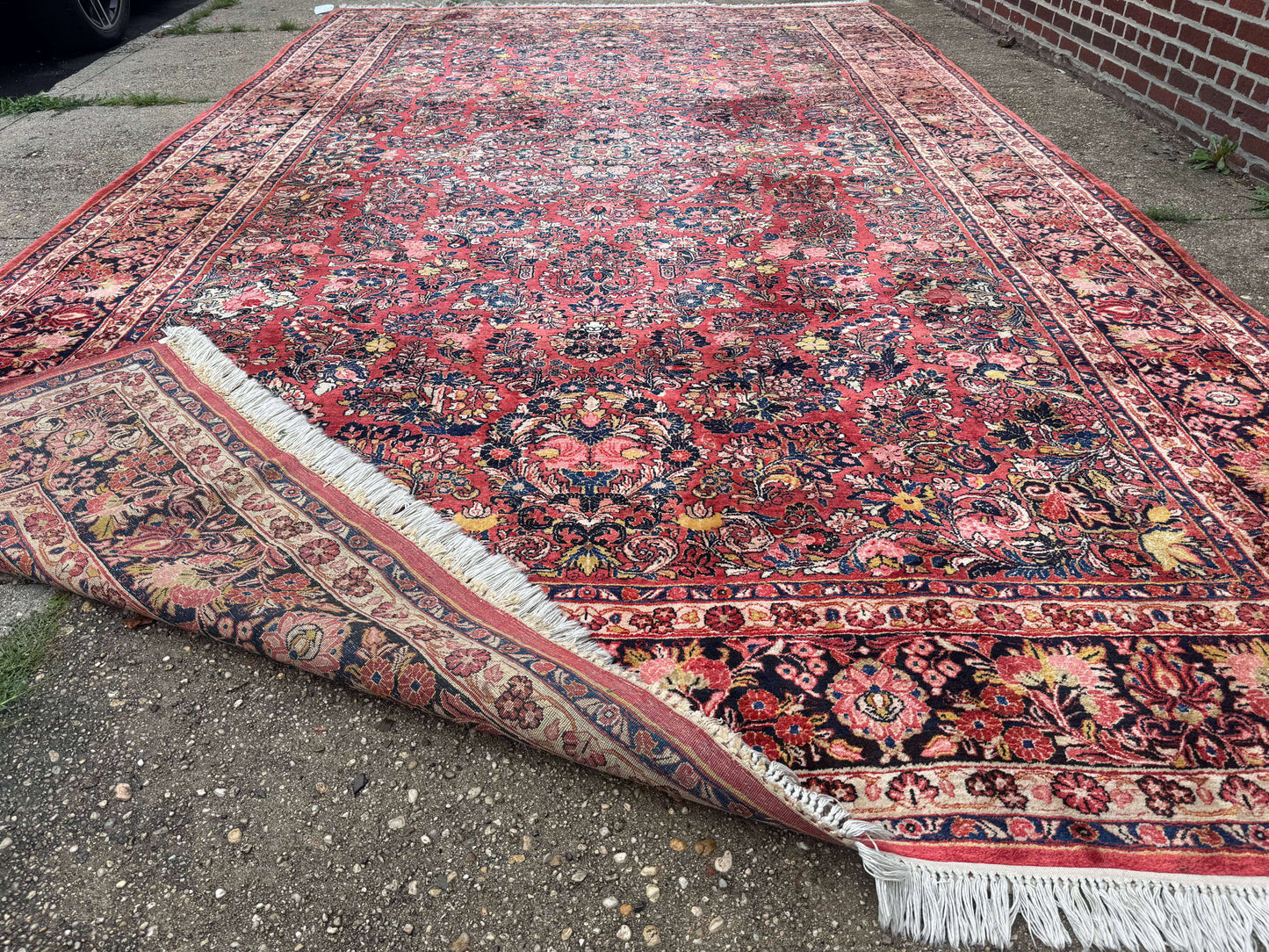 USED Large Antique Persian Sarouk Rug 11x18, Red, Floral Allover, Palace Size Wool Handmade Carpet