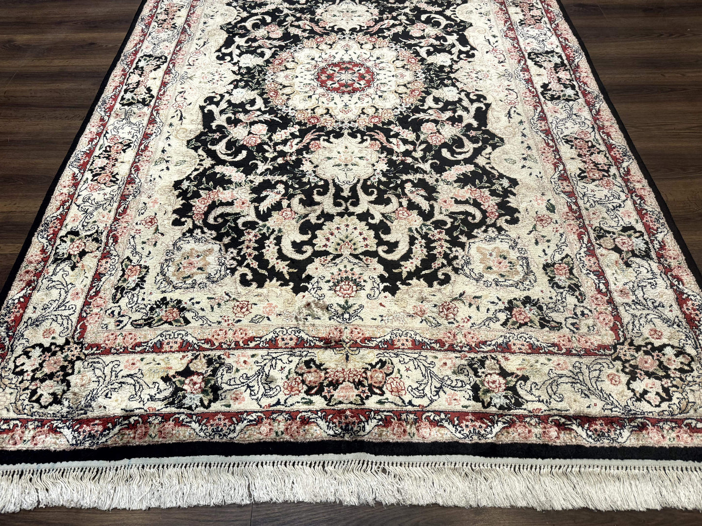 USED Indian Kashmiri Silk Rug, Floral Medallion, Vintage Hand Knotted Carpet