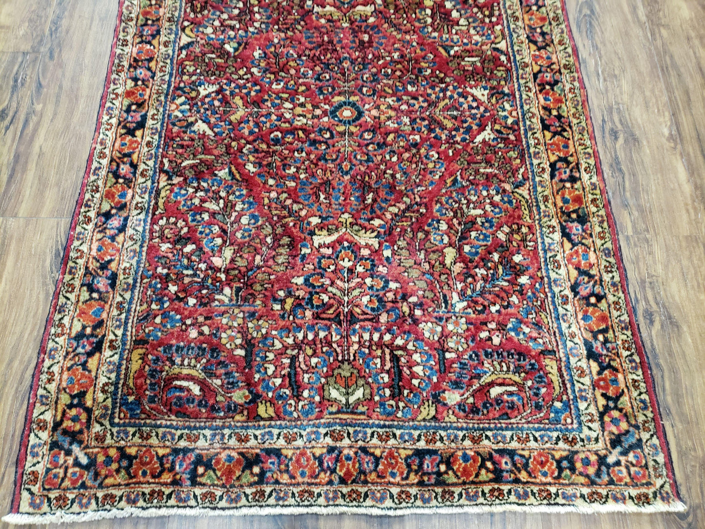 USED Antique Persian Sarouk Rug, Red, Allover Floral Pattern, Hand-Knotted, Wool, 3'4" x 4'10"