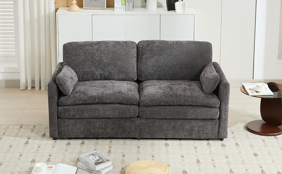 NEW Gray Premium Chenille Fabric Upholstered Rolled Arm Loveseat with Lumbar Pillow