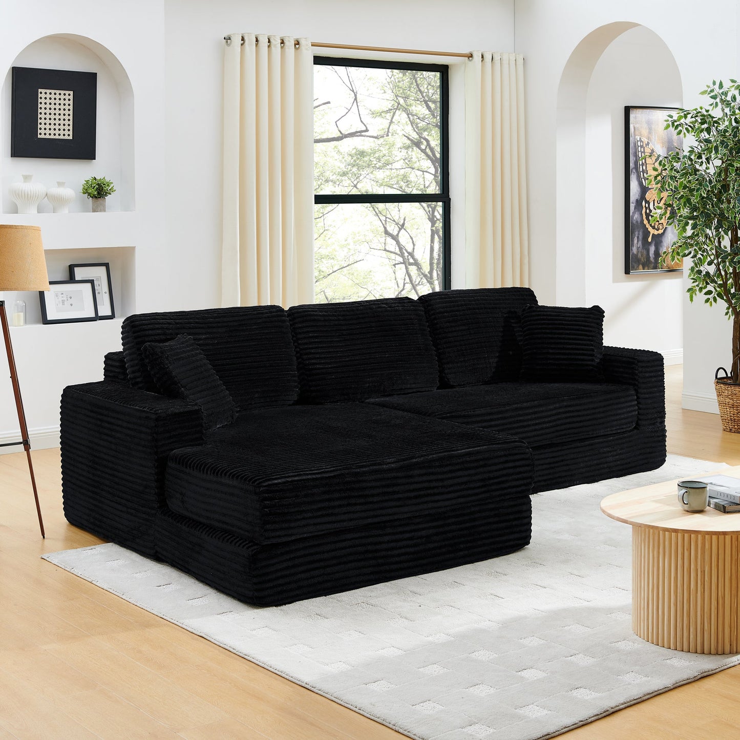 NEW Modern Minimalist L-Shape Modular Sectional Sofa Bed with Corduroy Fabric in Black
