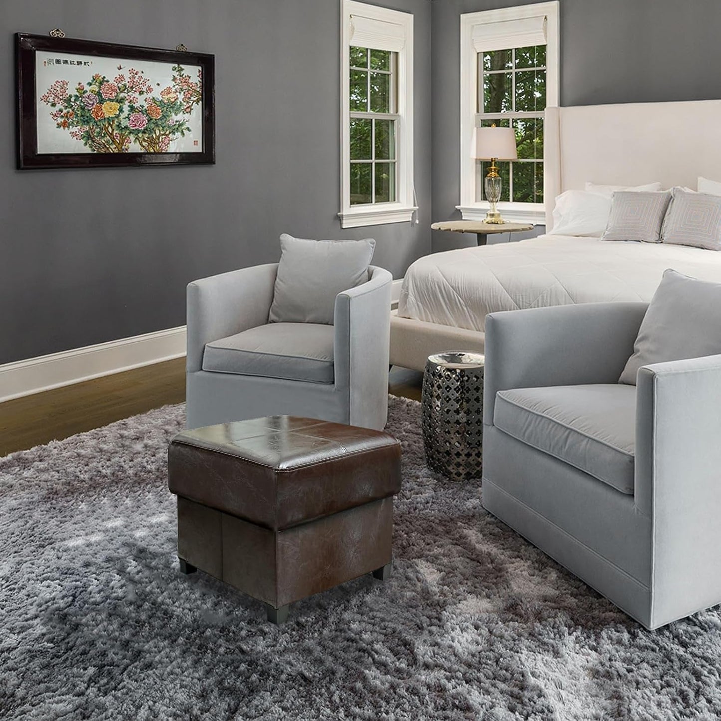 NEW Brown PU Leather Storage Ottoman Featuring CushionedTop