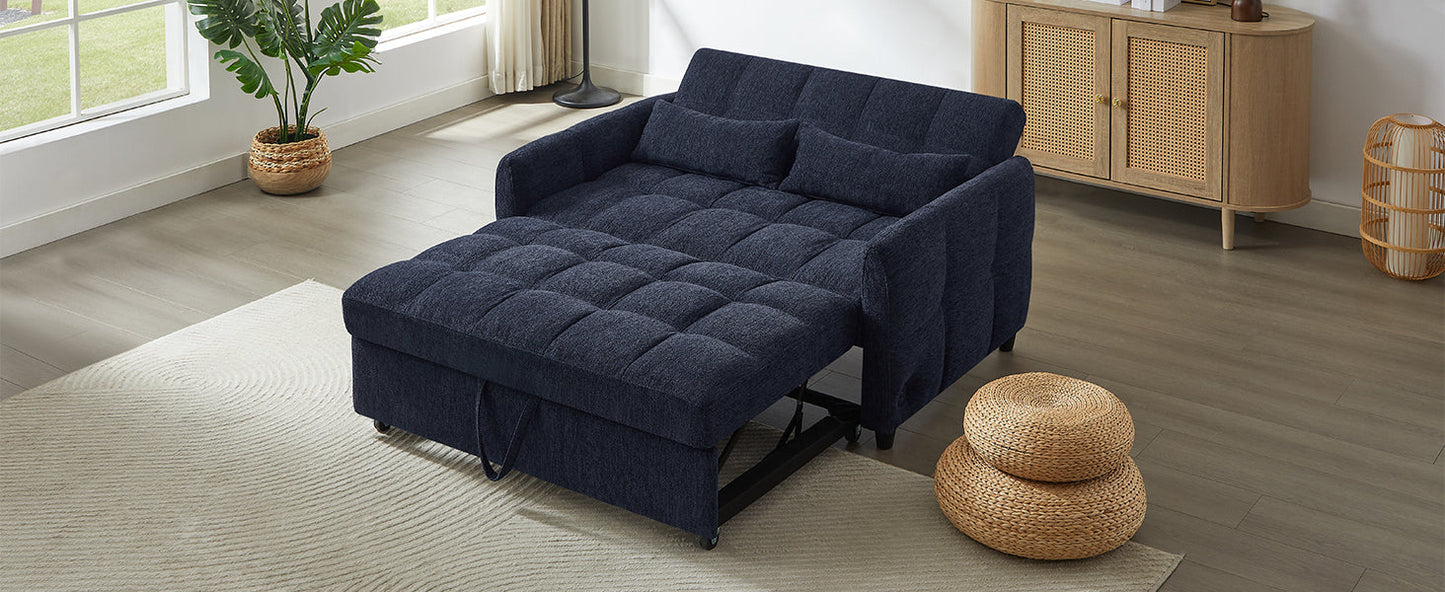 NEW Modern Loveseat Sofa Pull-out Bed with Adjustable Backrest, USB Ports, Lumbar Pillows, Blue Chenille, 52.8'