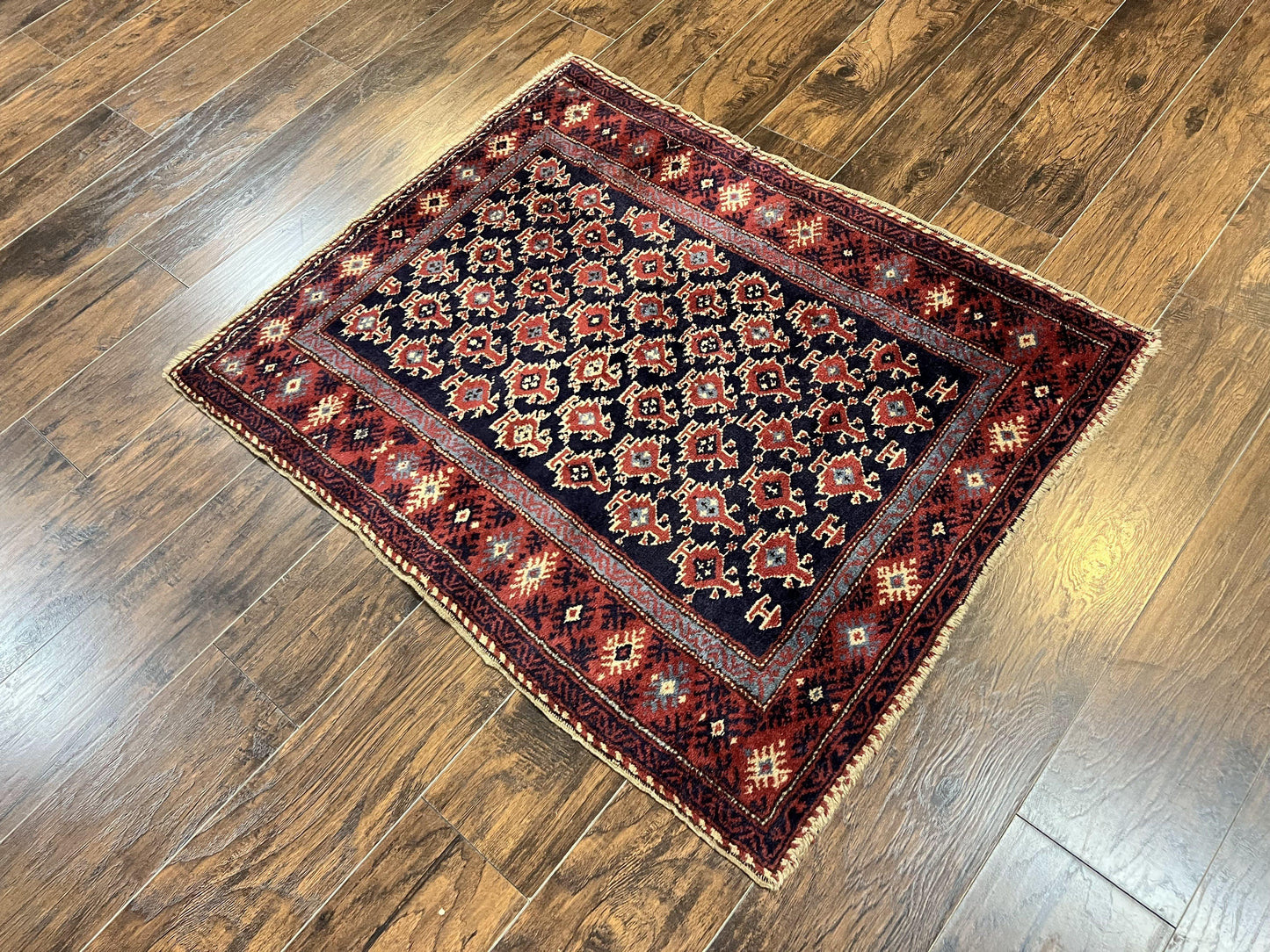 USED Turkish Sparta Rug 3x4, Allover Pattern, Navy Blue and Red, Antique Ispara Oriental Carpet 3 x 4, Small Turkish Handmade Vintage Wool Rug