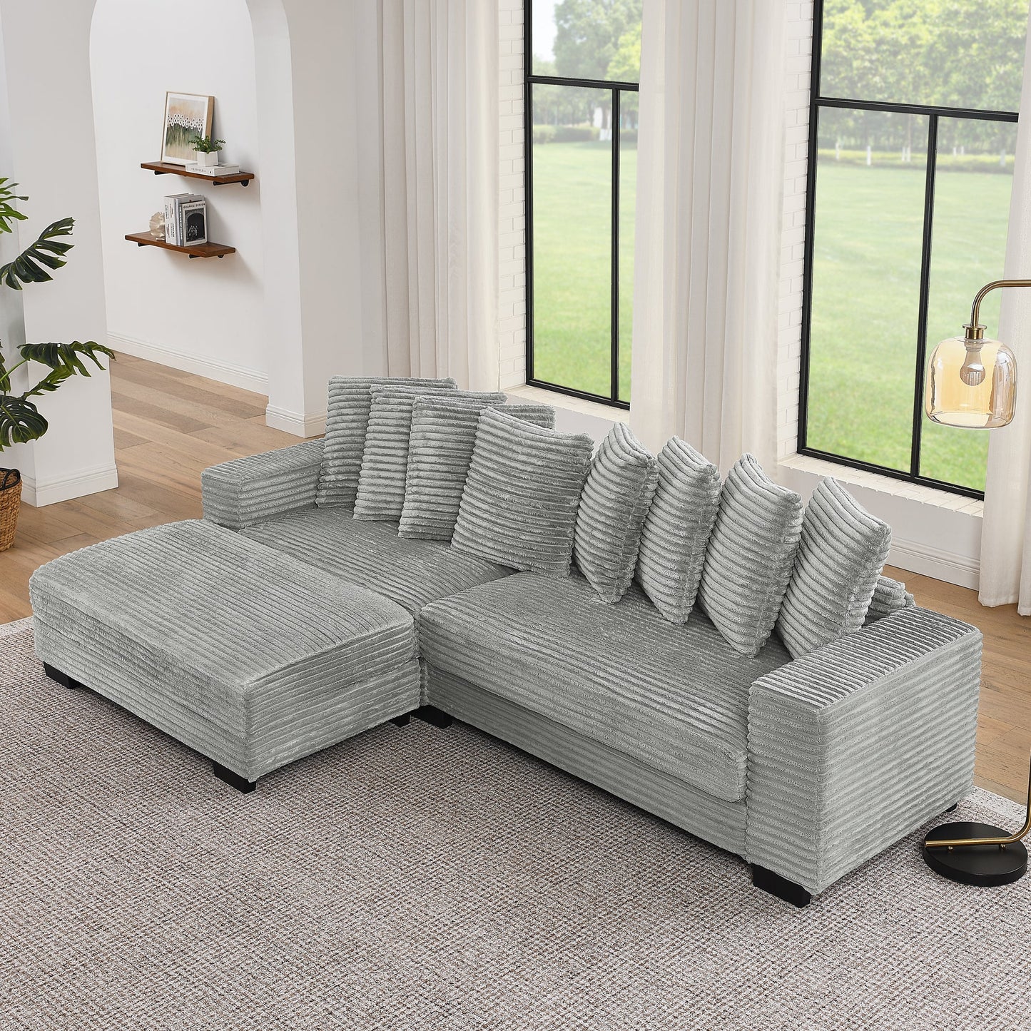 NEW Gray Corduroy Tufted Upholstered Sleeper Sectional L-Shaped Modular Convertible Sofa
