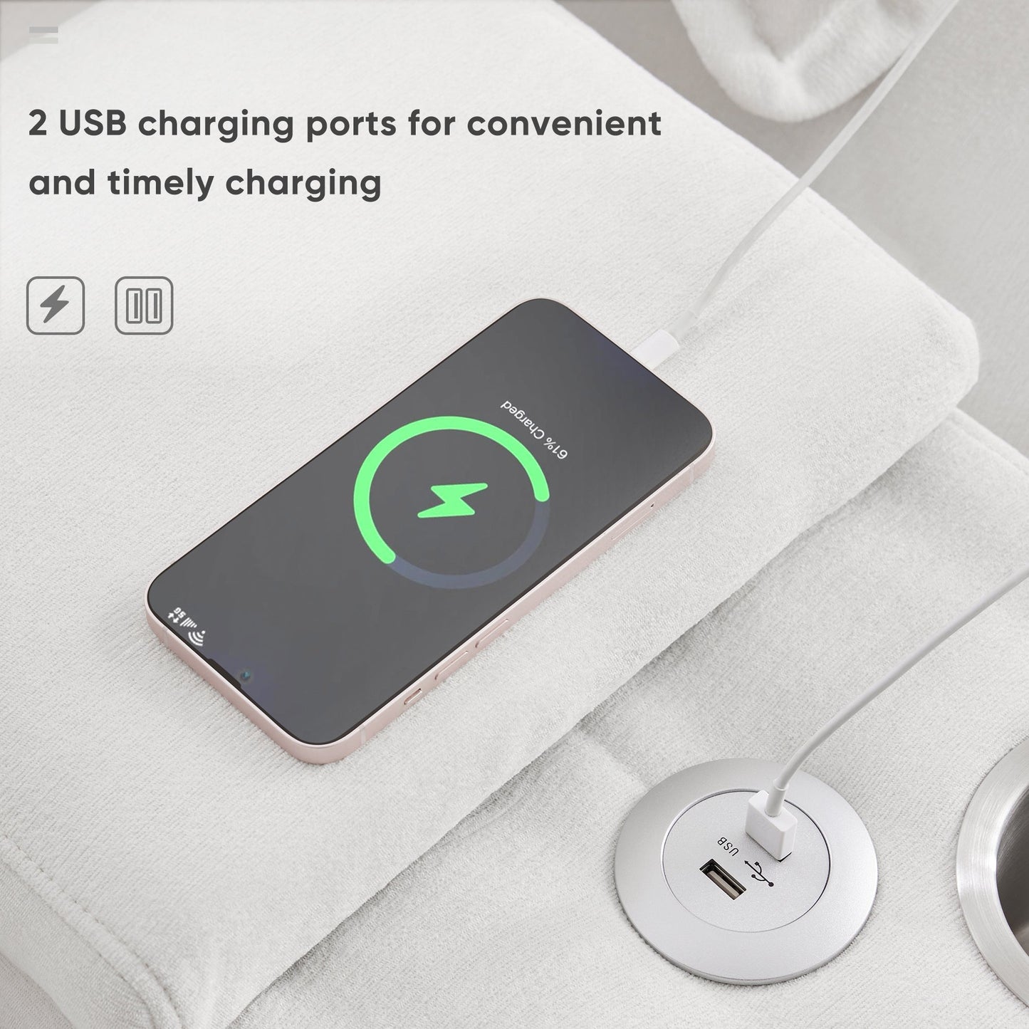 NEW Modern Chenille White 6-seat Upholstered U-shaped Sofa with Console Cupholders & USB Ports