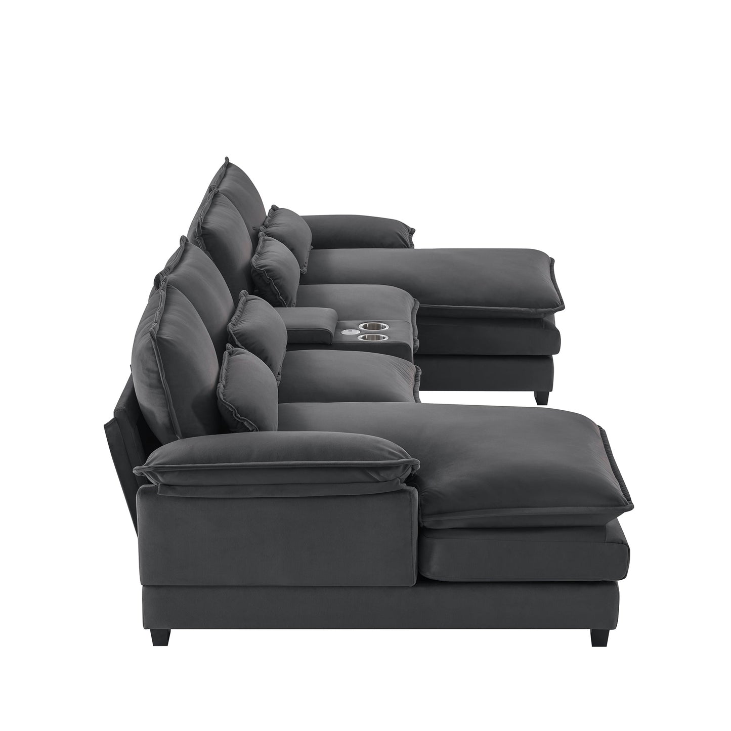 NEW Modern Gray Velvet Upholstered U-shaped 6-Seat Sofa with Console Cupholders and USB Ports