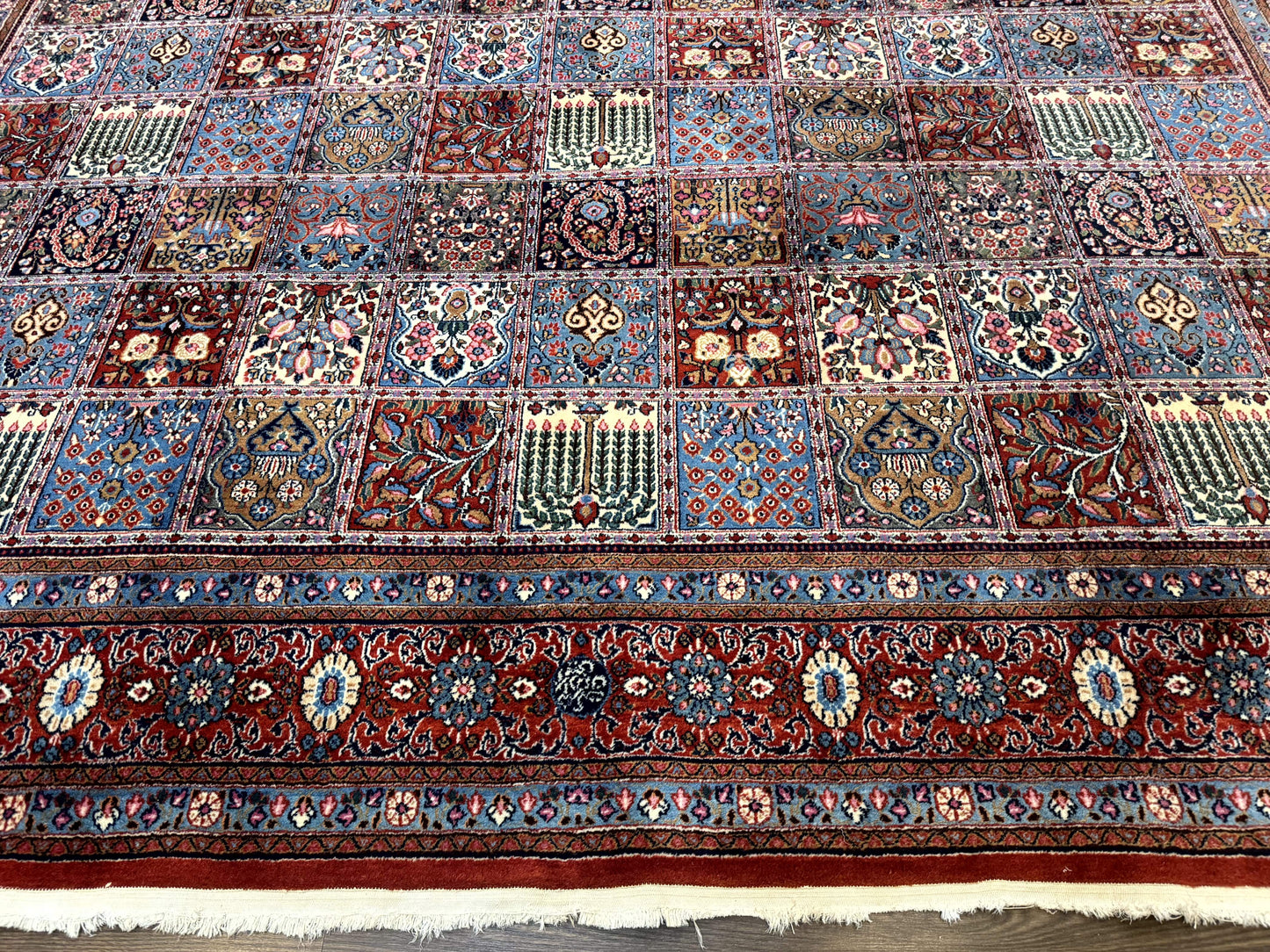 USED Wonderful Persian Qum Rug 10x13, Panel Design, Fine 260 KPSI, Signed, Red Multicolor
