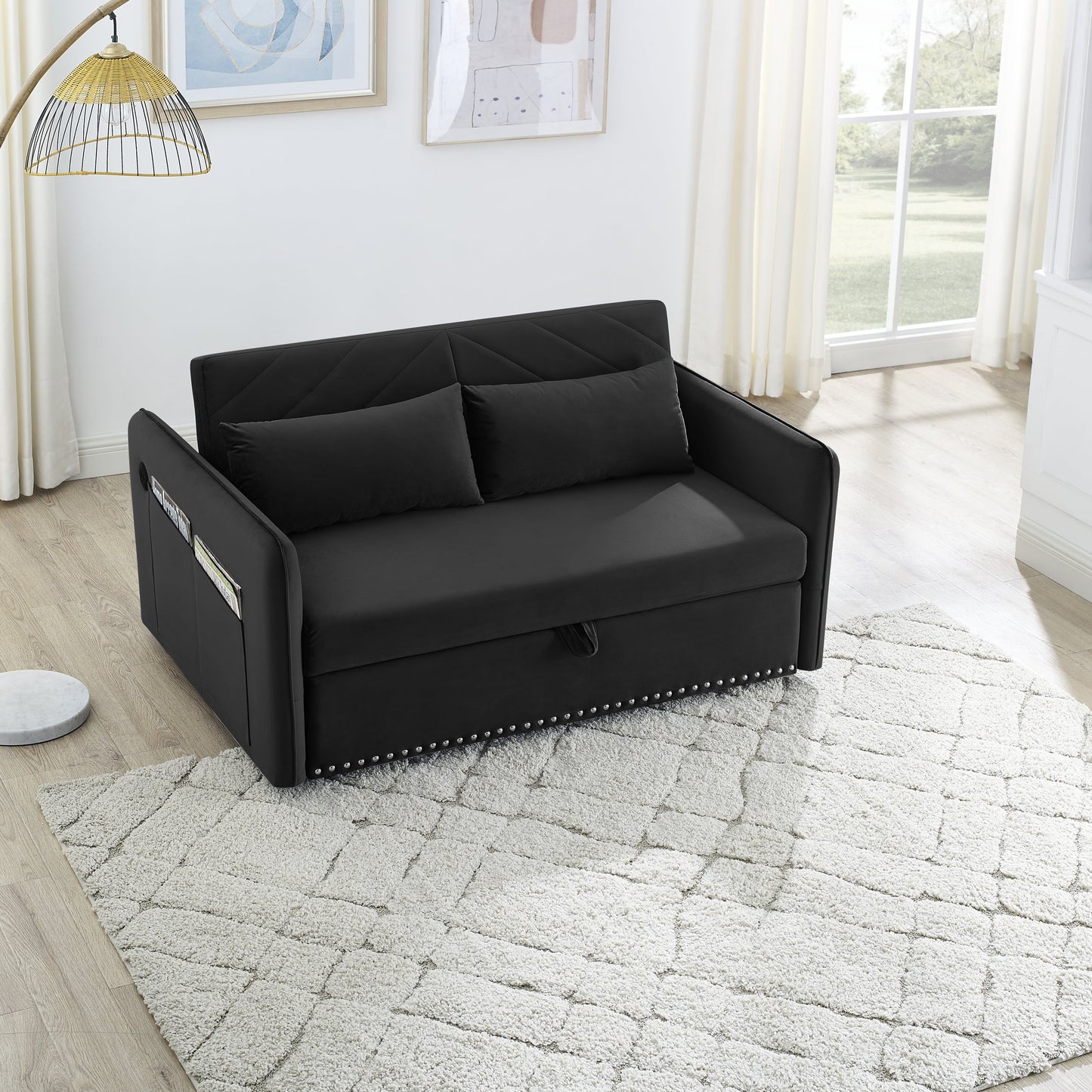 NEW MH' Soft Velvet Convertible 3 in 1 Adjustable Sleeper Pull Out Sofa Bed w/USB Port with 2 Lumbar Pillows and Side Pocket