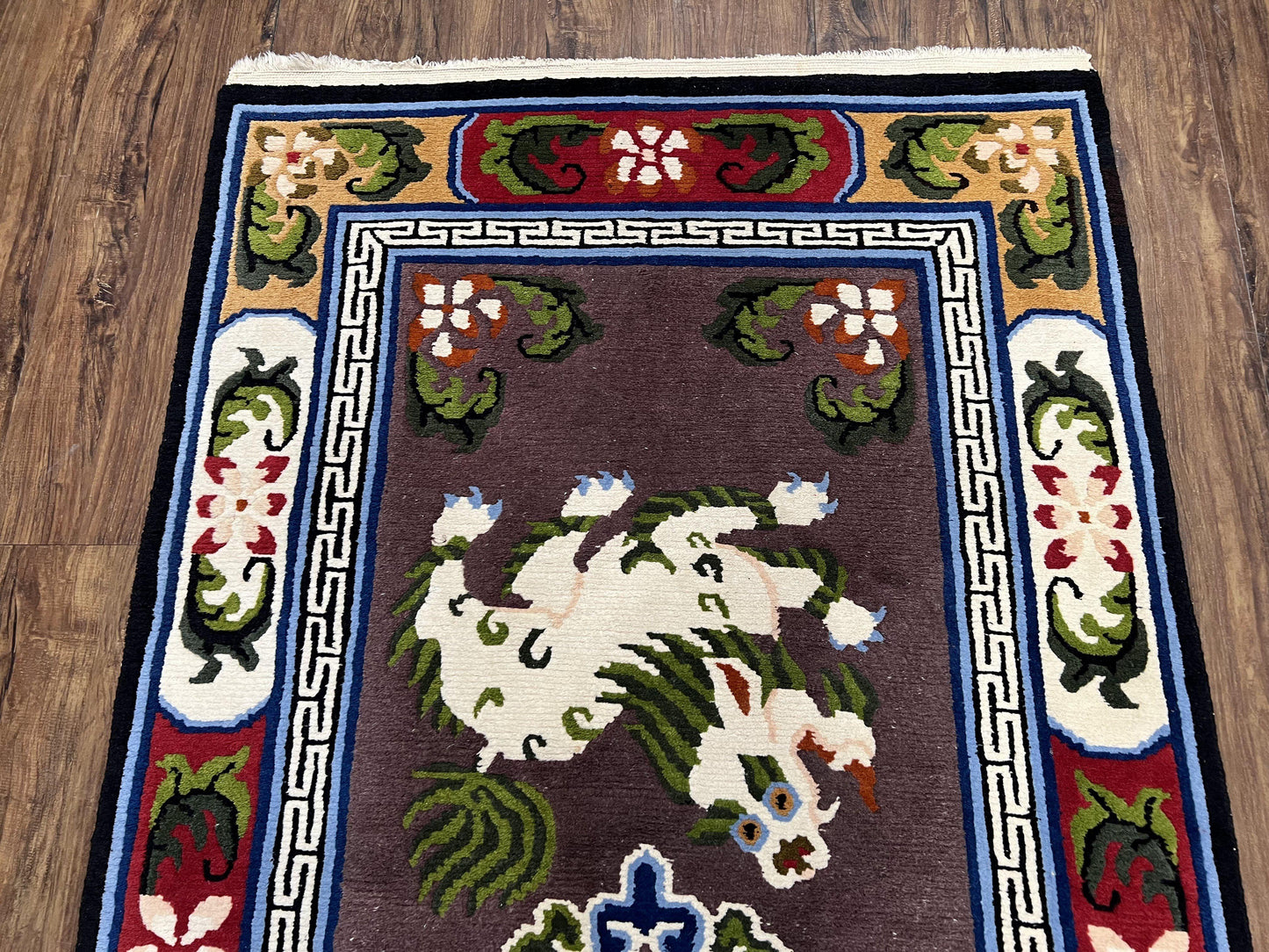 USED Chinese Art Deco Rug 3 x 5.5 with Animal Pictorials, Vintage Chinese Peking Wool Area Rug, Dark Puce Maroon Ivory, Hand Knotted Soft Carpet
