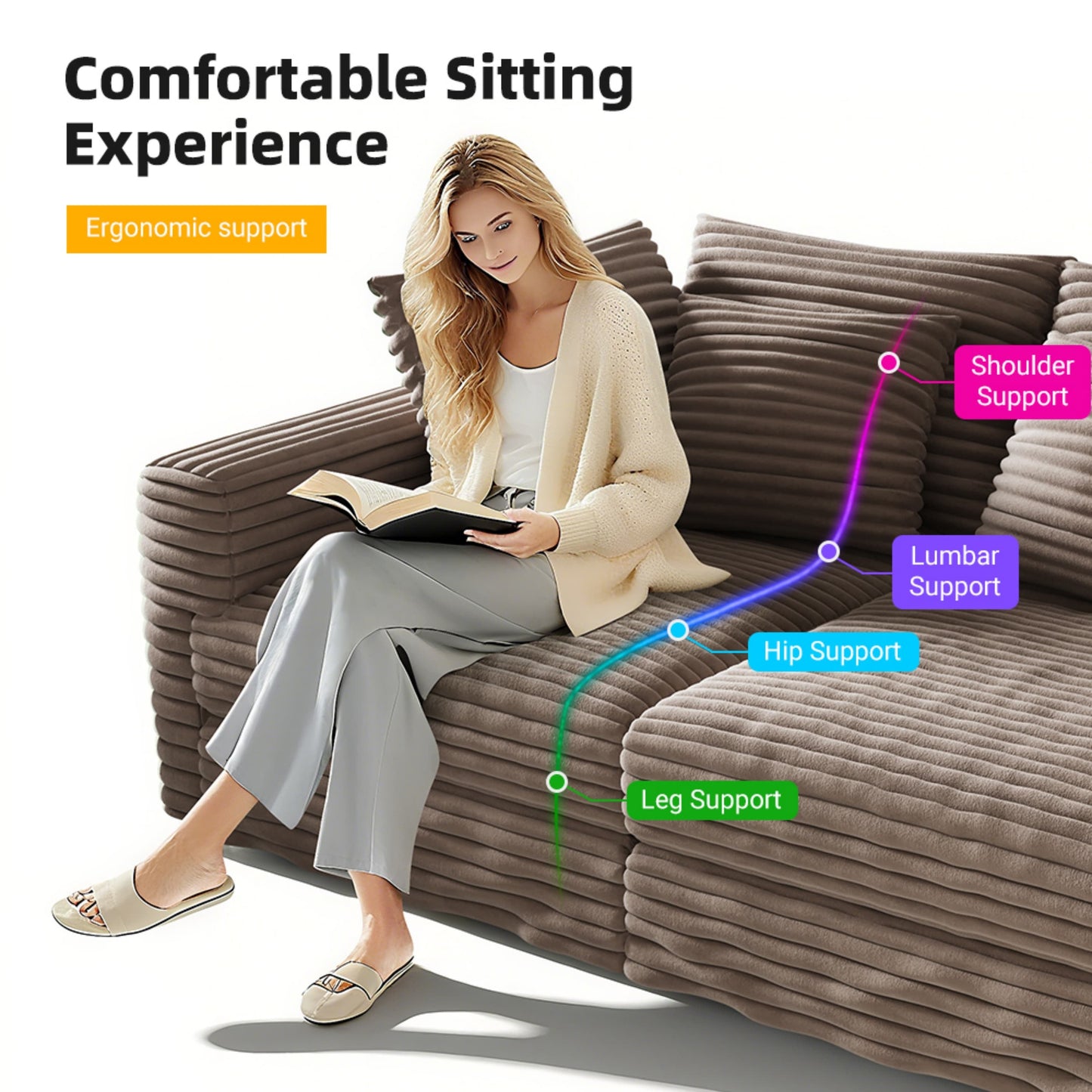 NEW 82.7' Modern Camel Plush Corduroy Comfy Upholstered 3-Seat Sofa Comfy Upholstered Cloud Deep Seat Couch with Soft Pillows and Ottoman