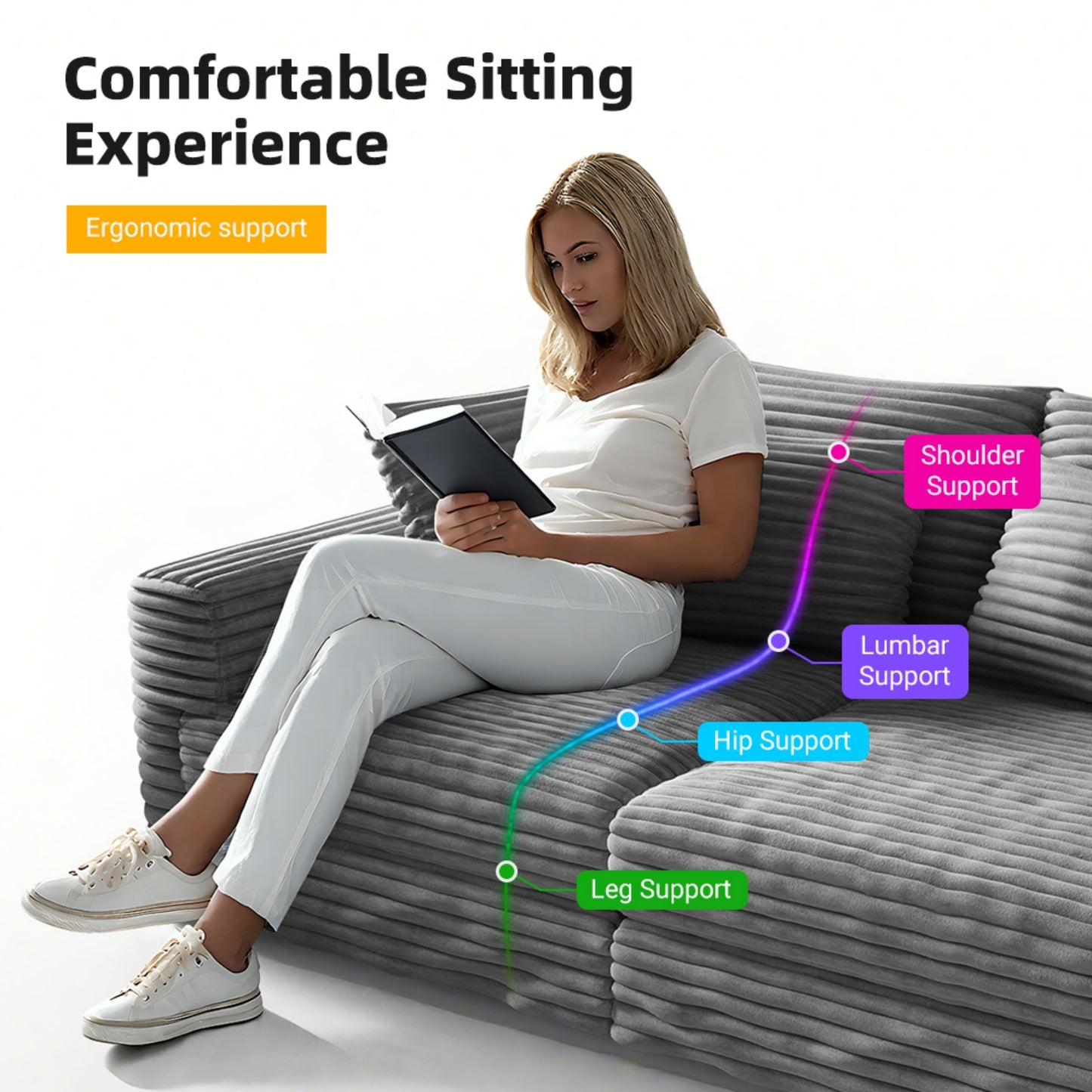 NEW Luxury Comfort Grey Plush Corduroy Fabric U Shaped Sectional Multi-functional Sofa Couch