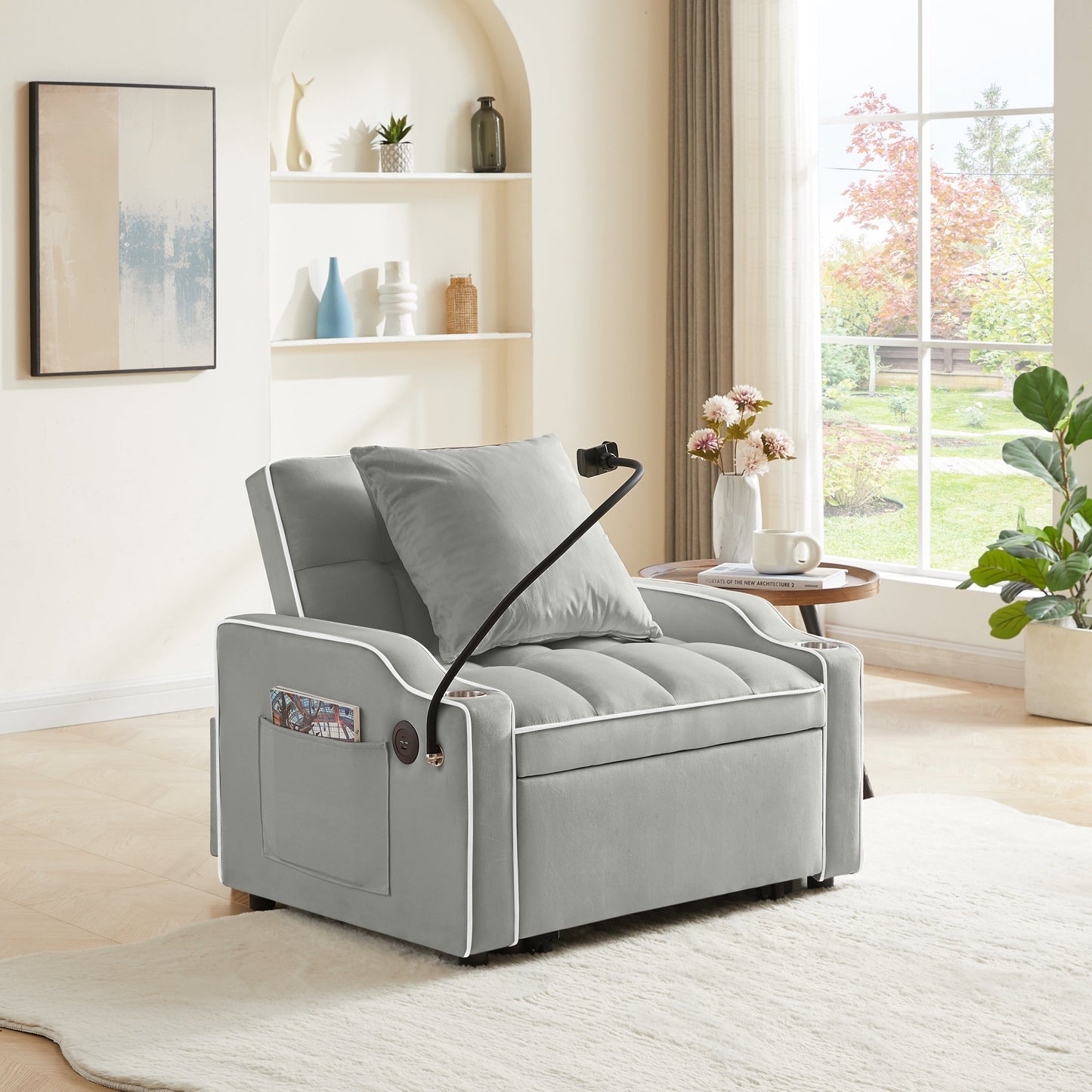 NEW 3-in-1 Grey Velvet Convertible Adjustable Pull Out Sleeper Chair Sofa Bed with Multi-Pockets