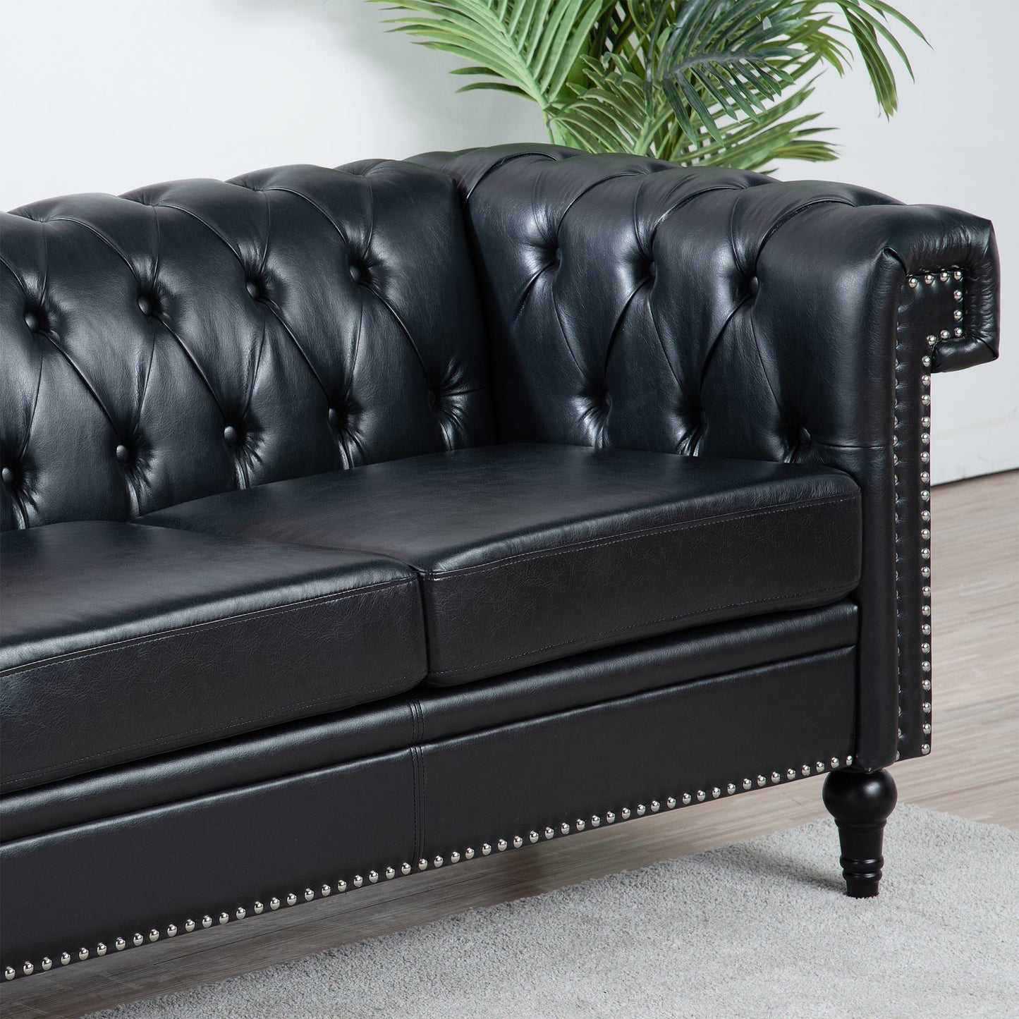 NEW Traditional Black PU 3-Seater Sofa Couch with Removable Cushions and Birch Legs