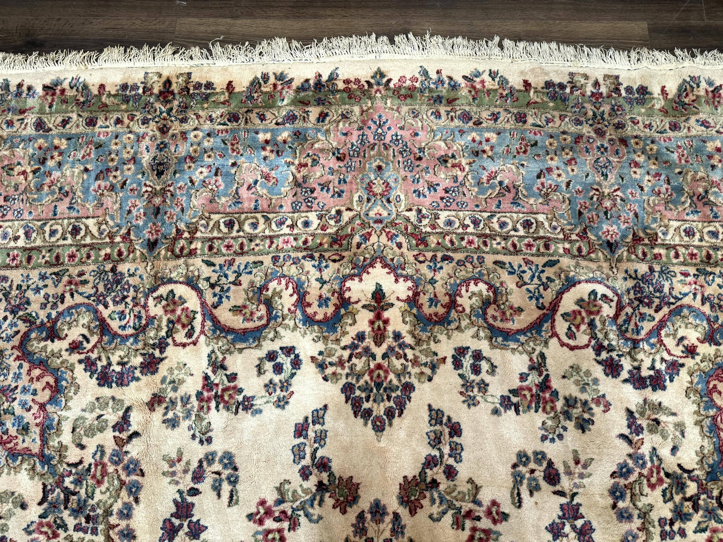 USED Palace Size Persian Kerman Rug 11x20 ft, Very Fine 340 KPSI, Vintage Oversized Wool Handmade Large Persian Carpet, Beige Light Blue Pink