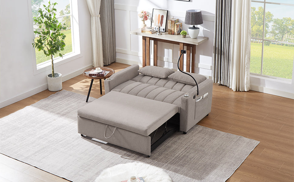 NEW Convertible Sofa Bed Loveseat with USB Ports, Side Pockets, Cup Holders & Swivel Phone Holder, Light Grey Bella Fabric