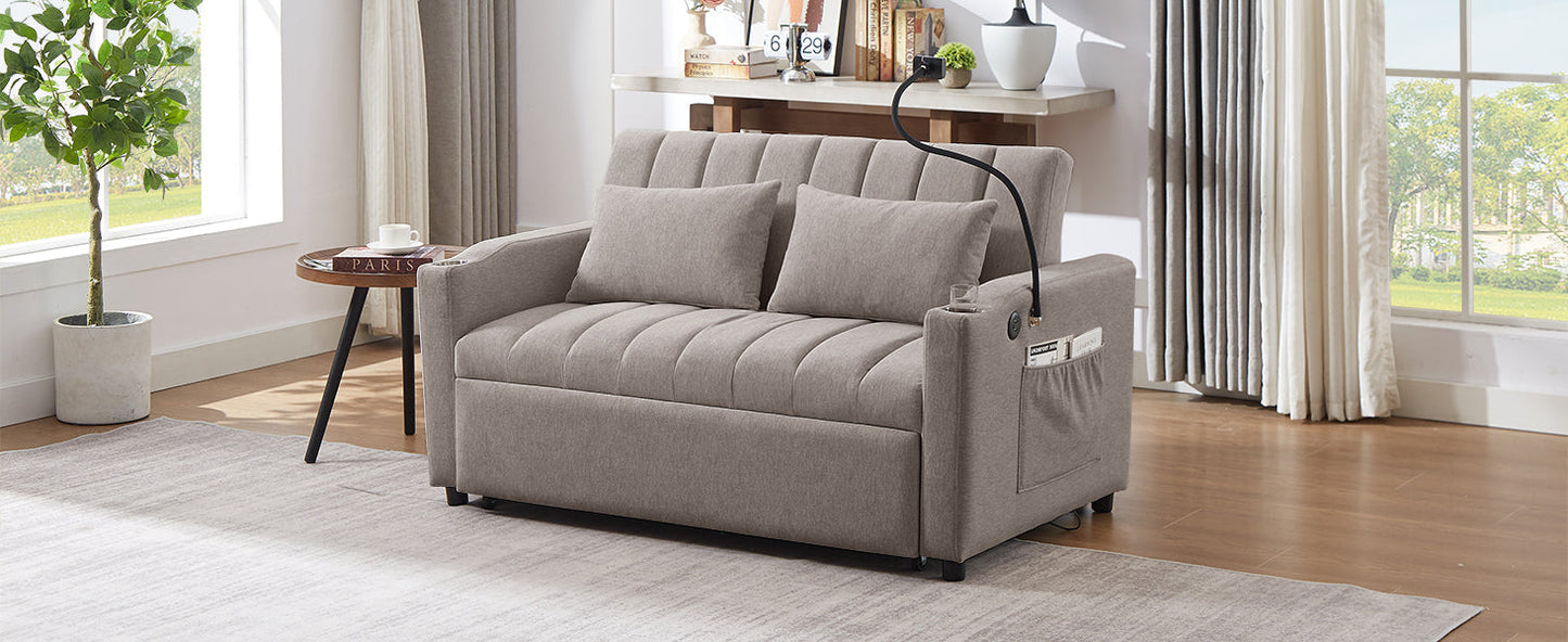 NEW Convertible Sofa Bed Loveseat with USB Ports, Side Pockets, Cup Holders & Swivel Phone Holder, Light Grey Bella Fabric
