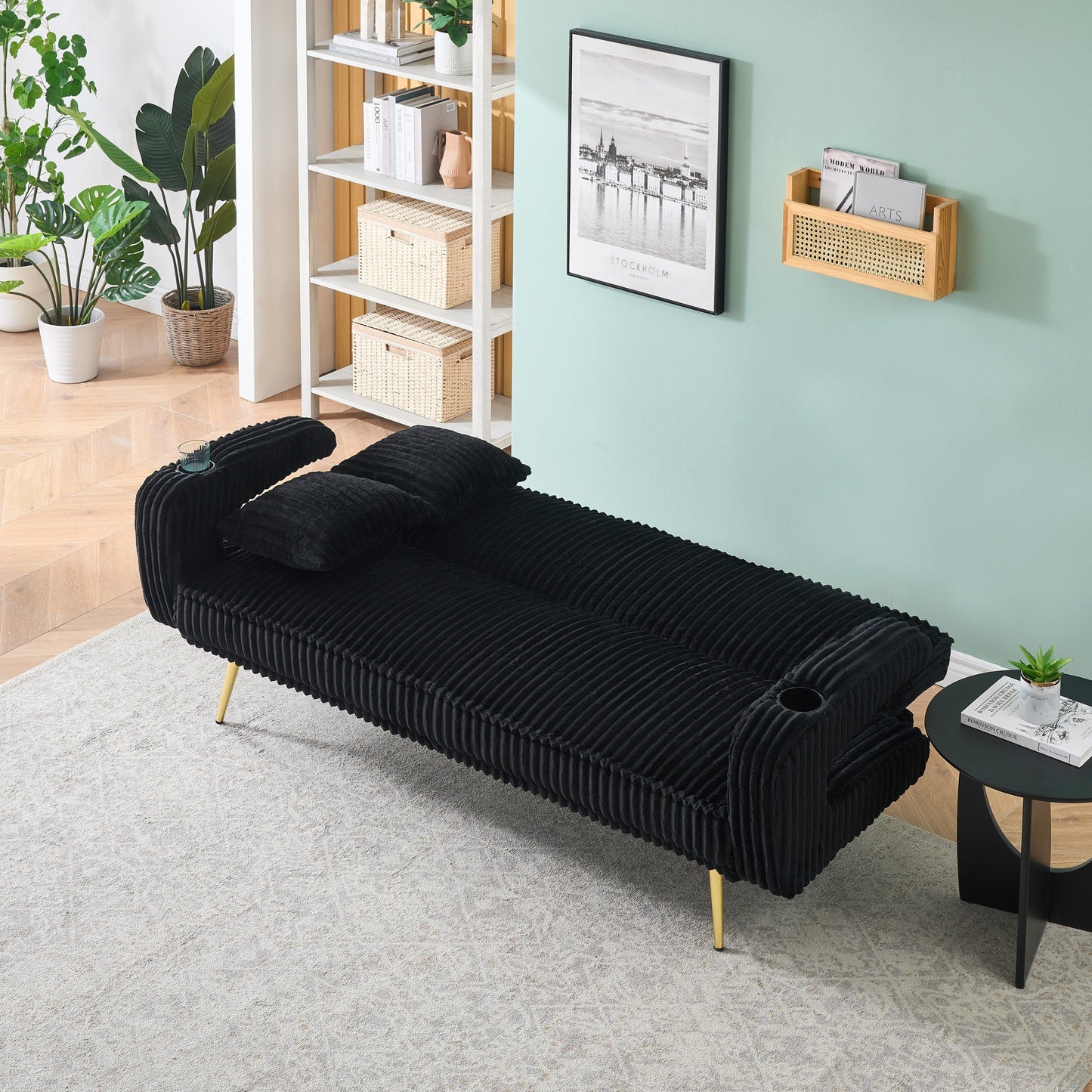 NEW 74.01 inch Straight Black Corduroy Sofa Bed Couch with Pillows
