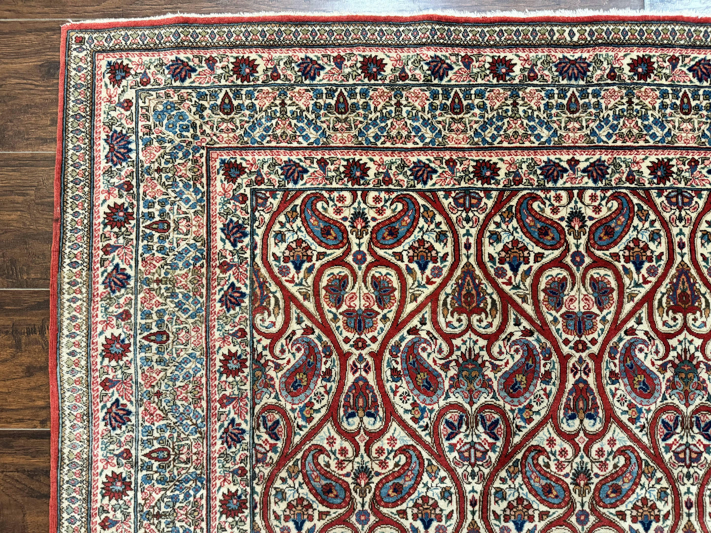 USED Unique Persian Qum Rug 5x7, Repeated Paisely Boteh Design, Ivory Red Blue, Handmade Antique Wool Persian Carpet, Finely Hand Knotted