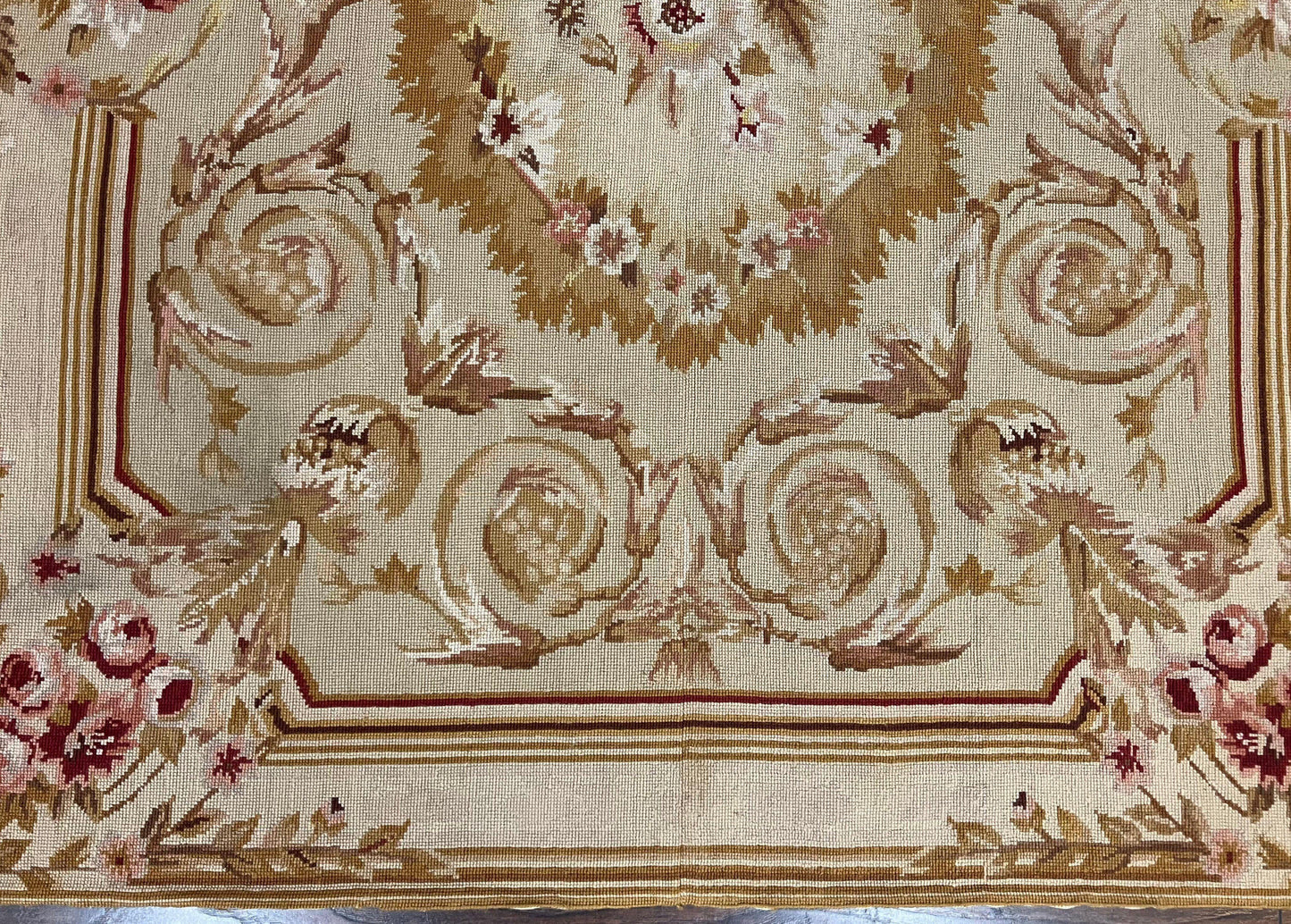 USED Aubusson Needlepoint Rug 4x5 ft, Beige and Tan, Aubusson Savonnerie Vintage Carpet, Handwoven Handmade Wool Rug, European Design Floral Rose