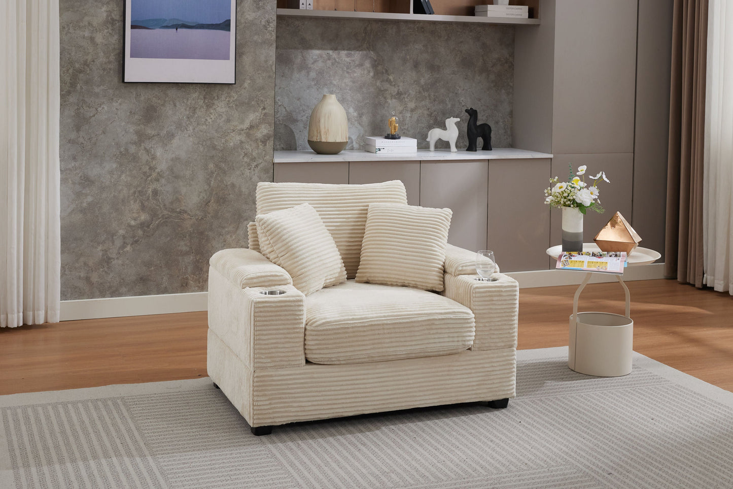 NEW Corduroy Beige Upholstered Chaise Lounge Sofa