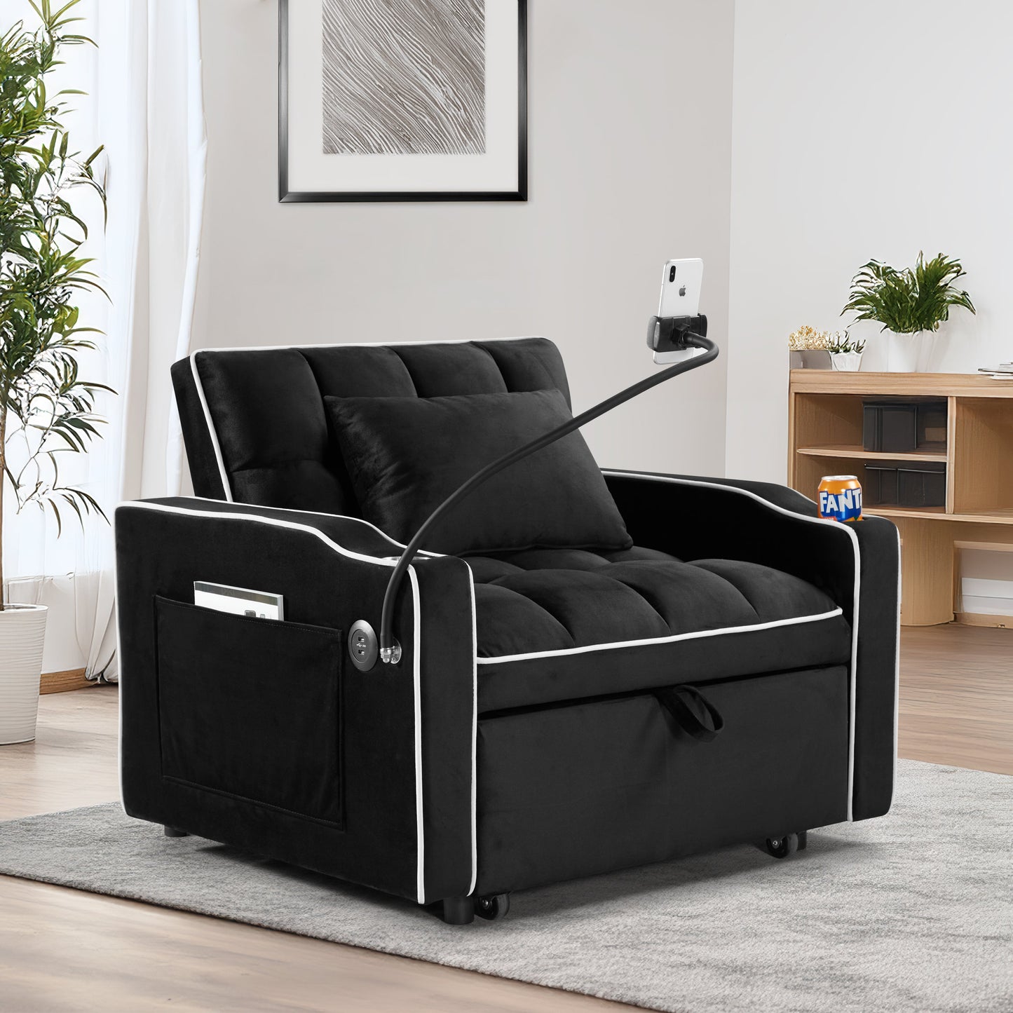 NEW Black Velvet Convertible Adjustable Sleeper Chair Pull Out Sofa Bed with Multi-Pockets