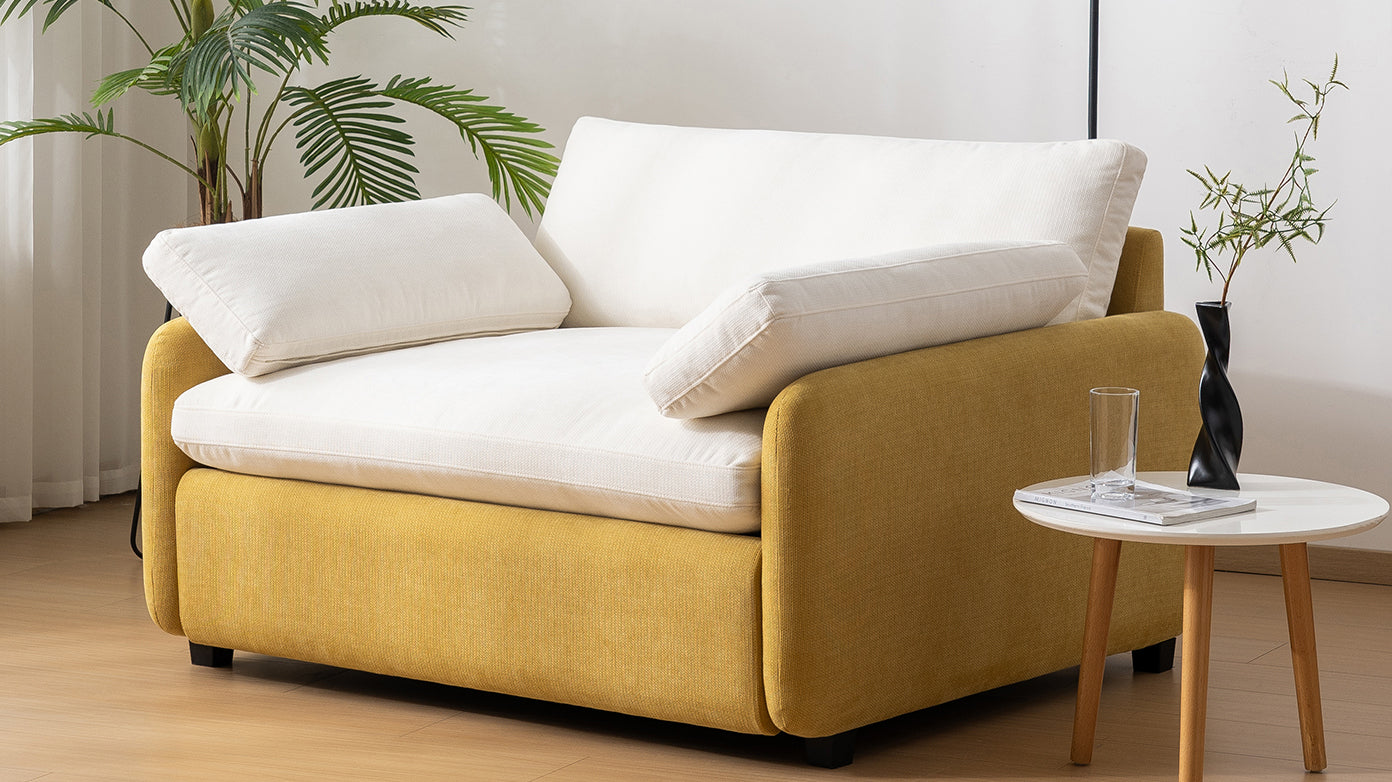 NEW Modern Oversized Chenille Armchair with Color Blocking and Pillows, 50*43' in Cream and Yellow