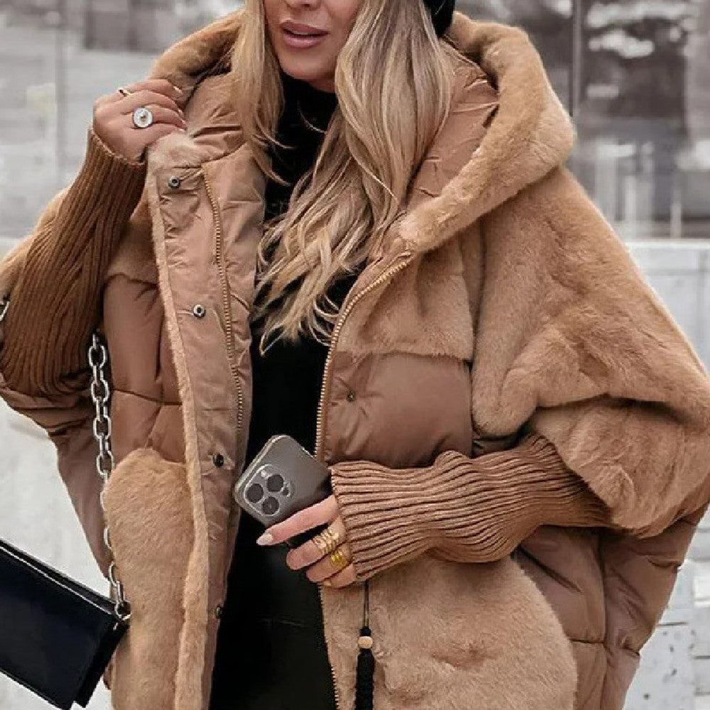 New Women's Loose Cotton Coat Faux Fur Patchwork Winter Coat Comfort Chic Long Sleeve Hooded Jacket